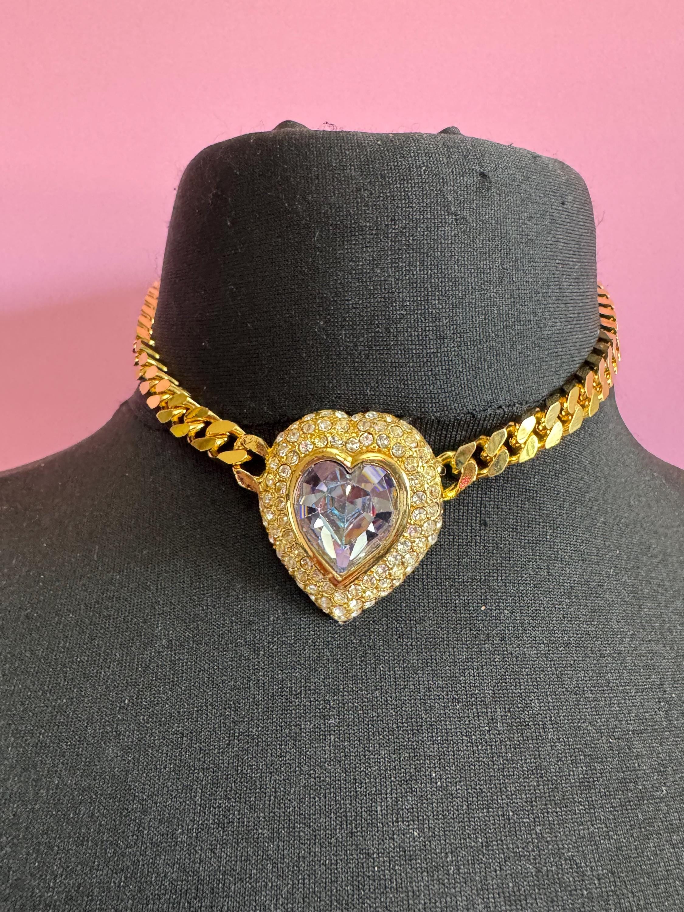 Vintage purple AB and clear Swarovski crystal love heart gold tone necklace and oversized clip on earrings jewellery set