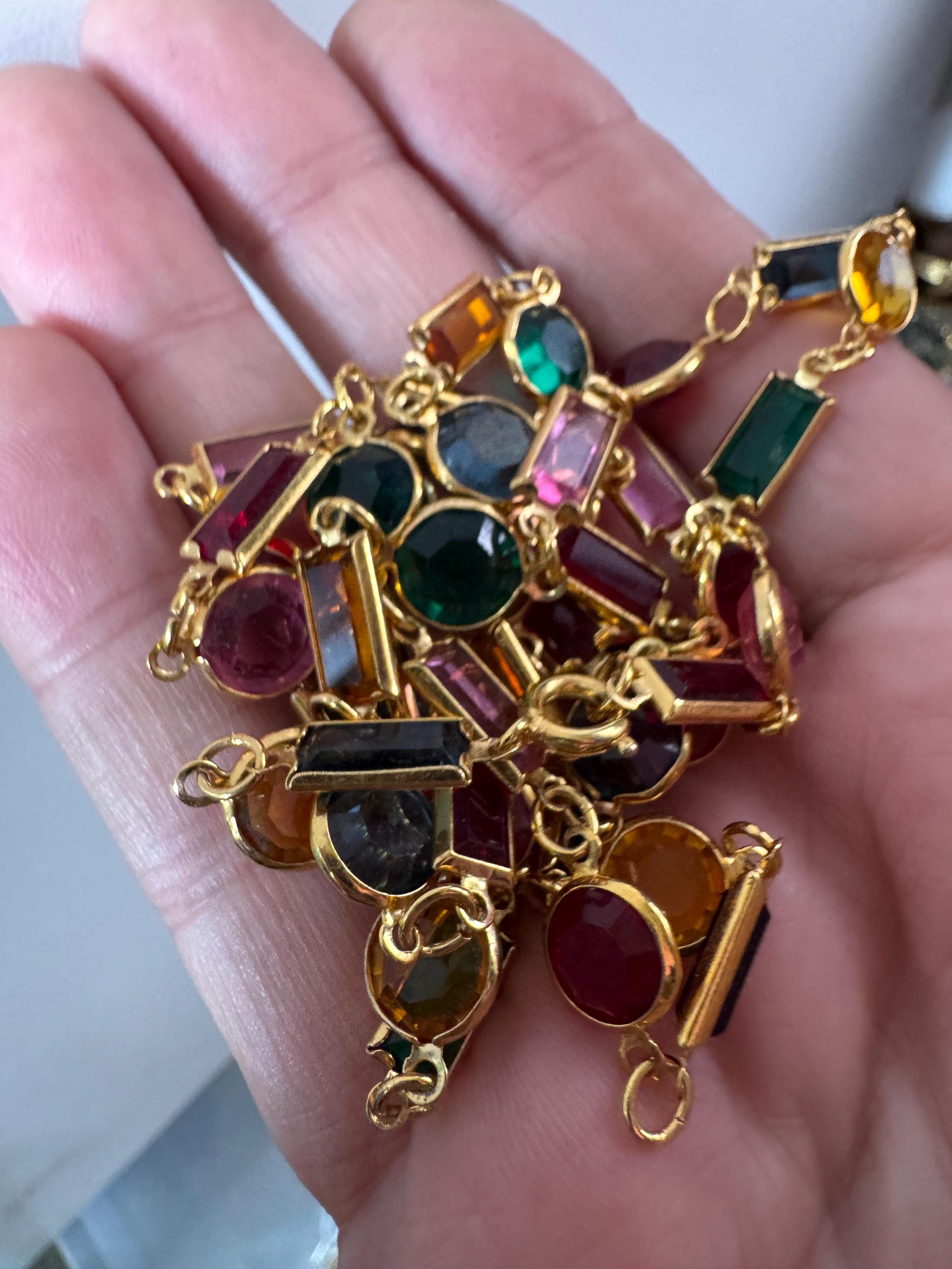 vintage multi coloured geometric crystal Rivière bezel gold plated necklace 80cm