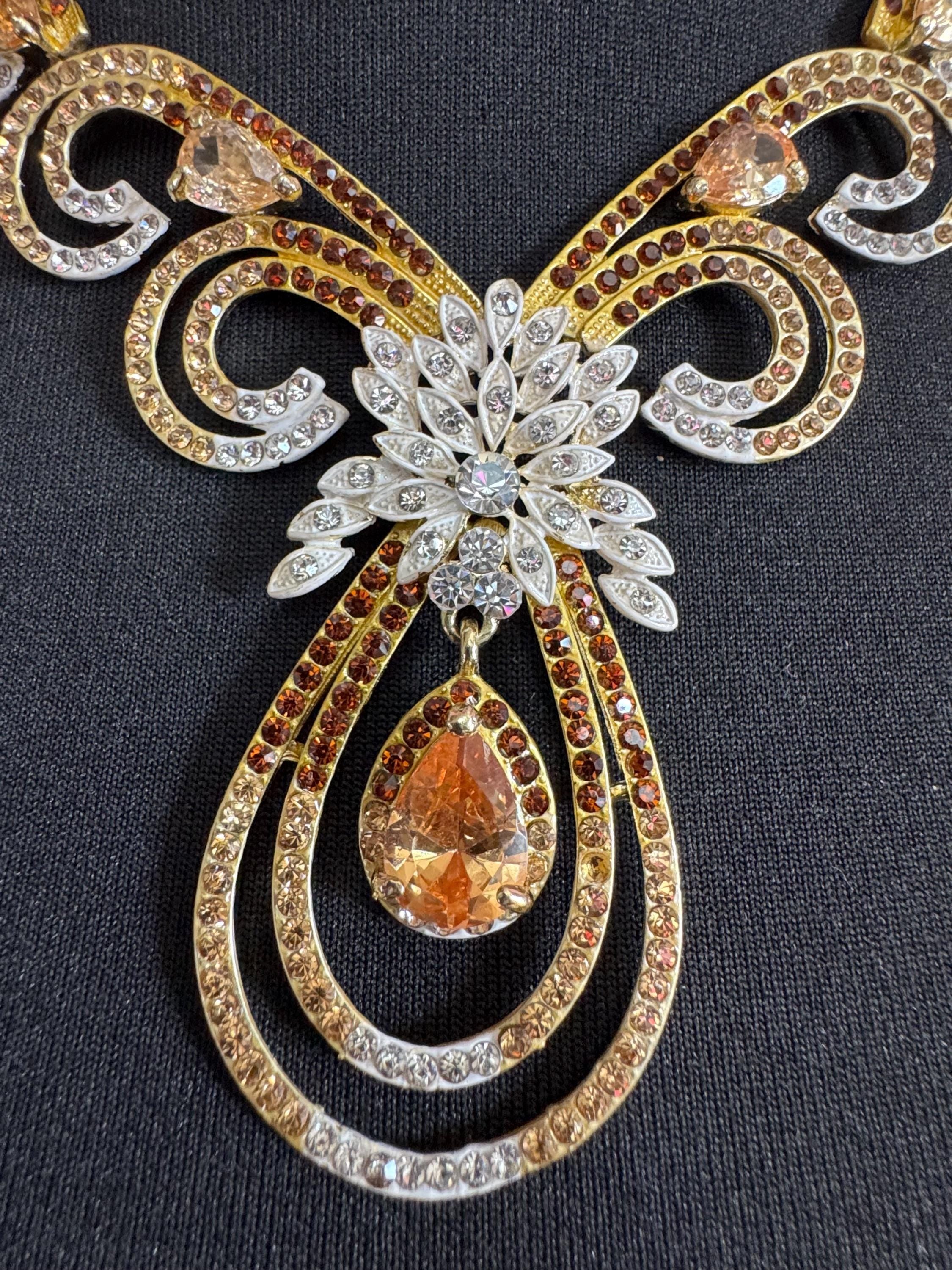 Retro brown topaz glass diamanté rhinestone waterfall drop choker necklace gold tone