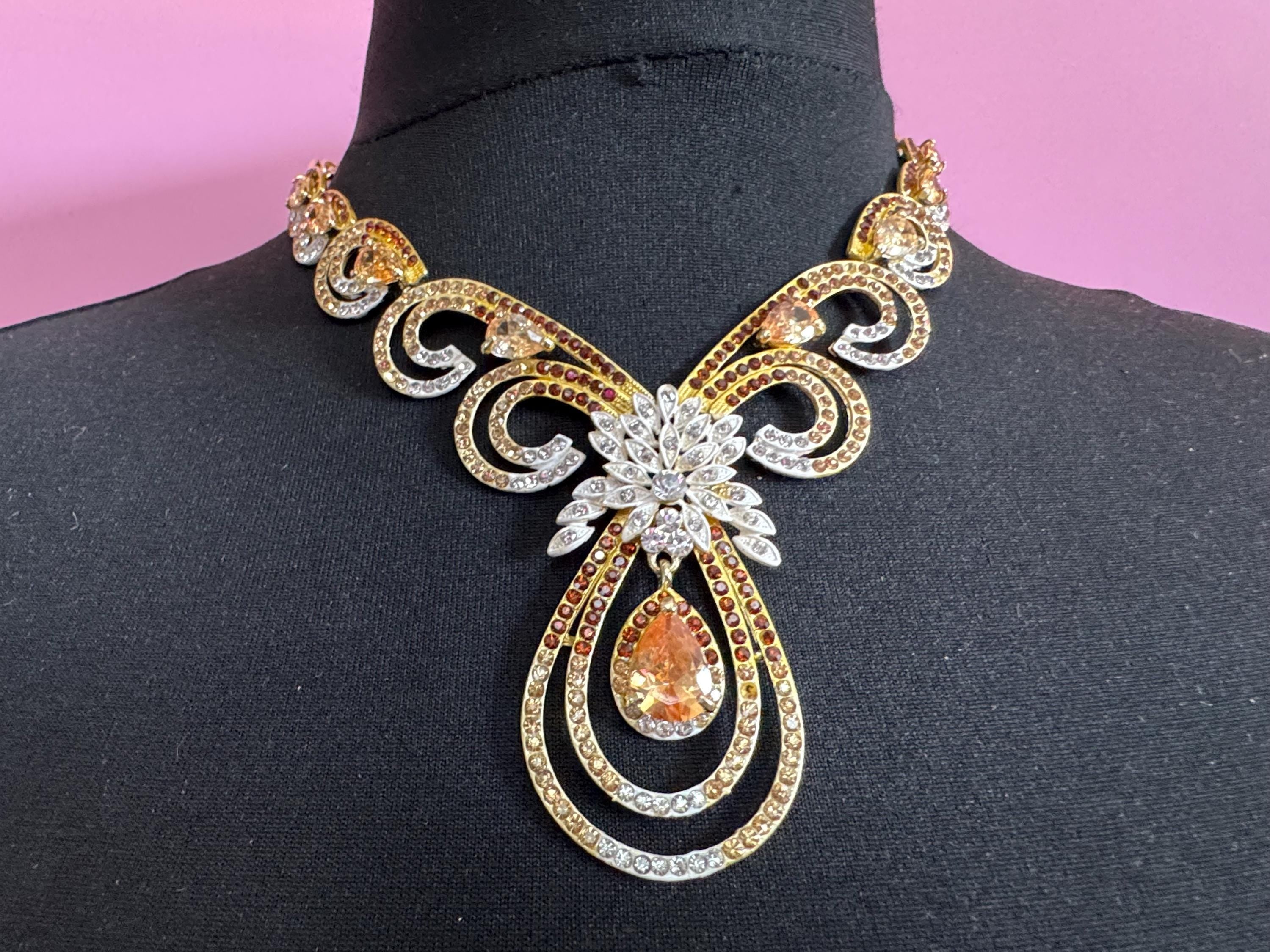 Retro brown topaz glass diamanté rhinestone waterfall drop choker necklace gold tone
