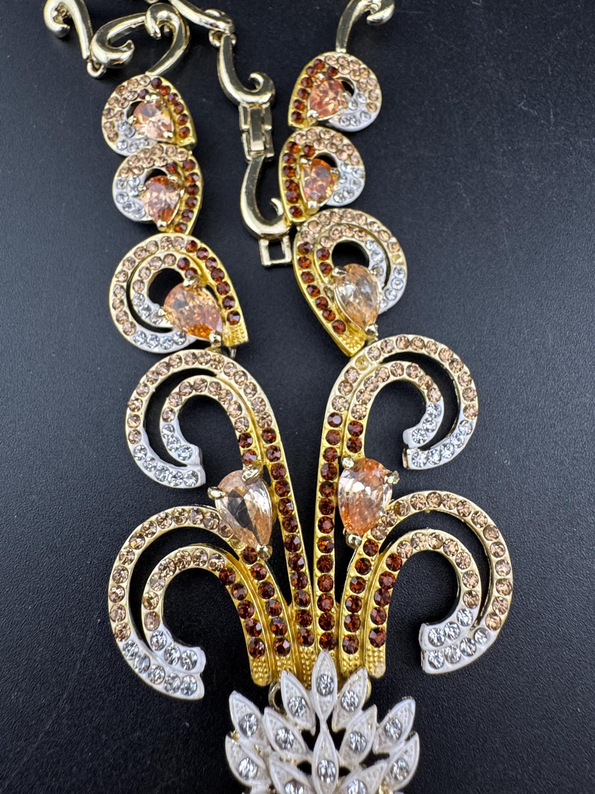 Retro brown topaz glass diamanté rhinestone waterfall drop choker necklace gold tone