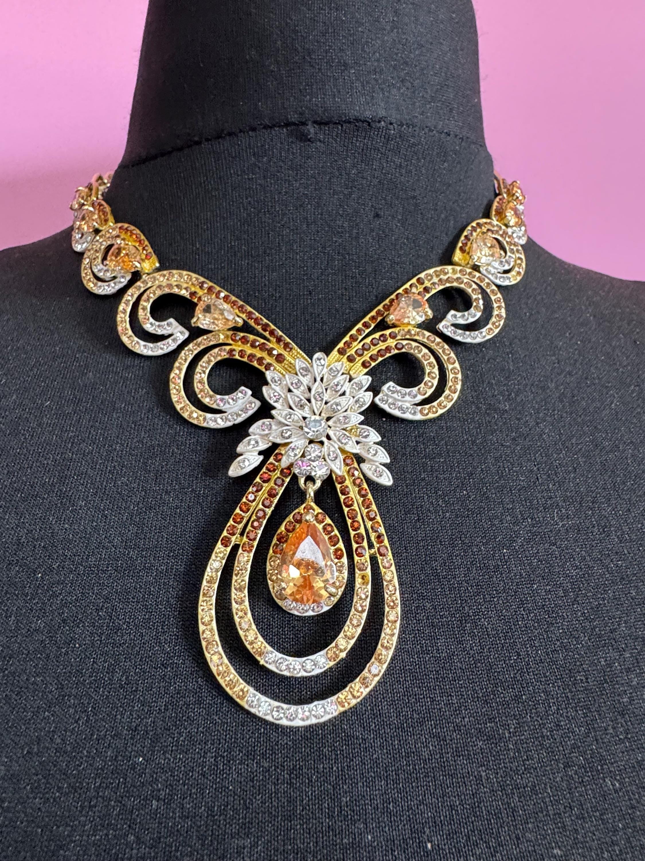 Retro brown topaz glass diamanté rhinestone waterfall drop choker necklace gold tone