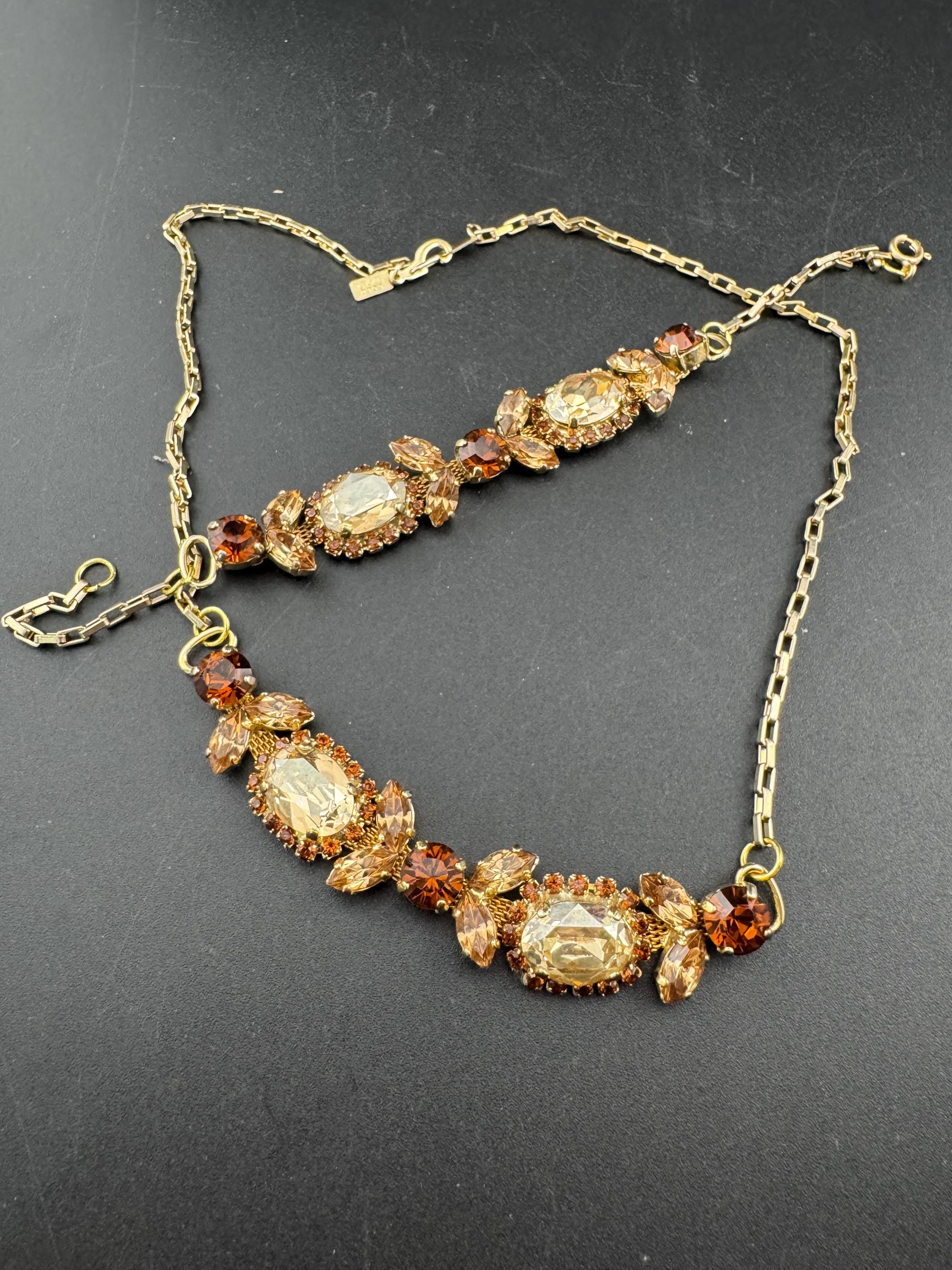 Vintage cognac brown glass diamanté rhinestone necklace and  bracelet, jewellery set