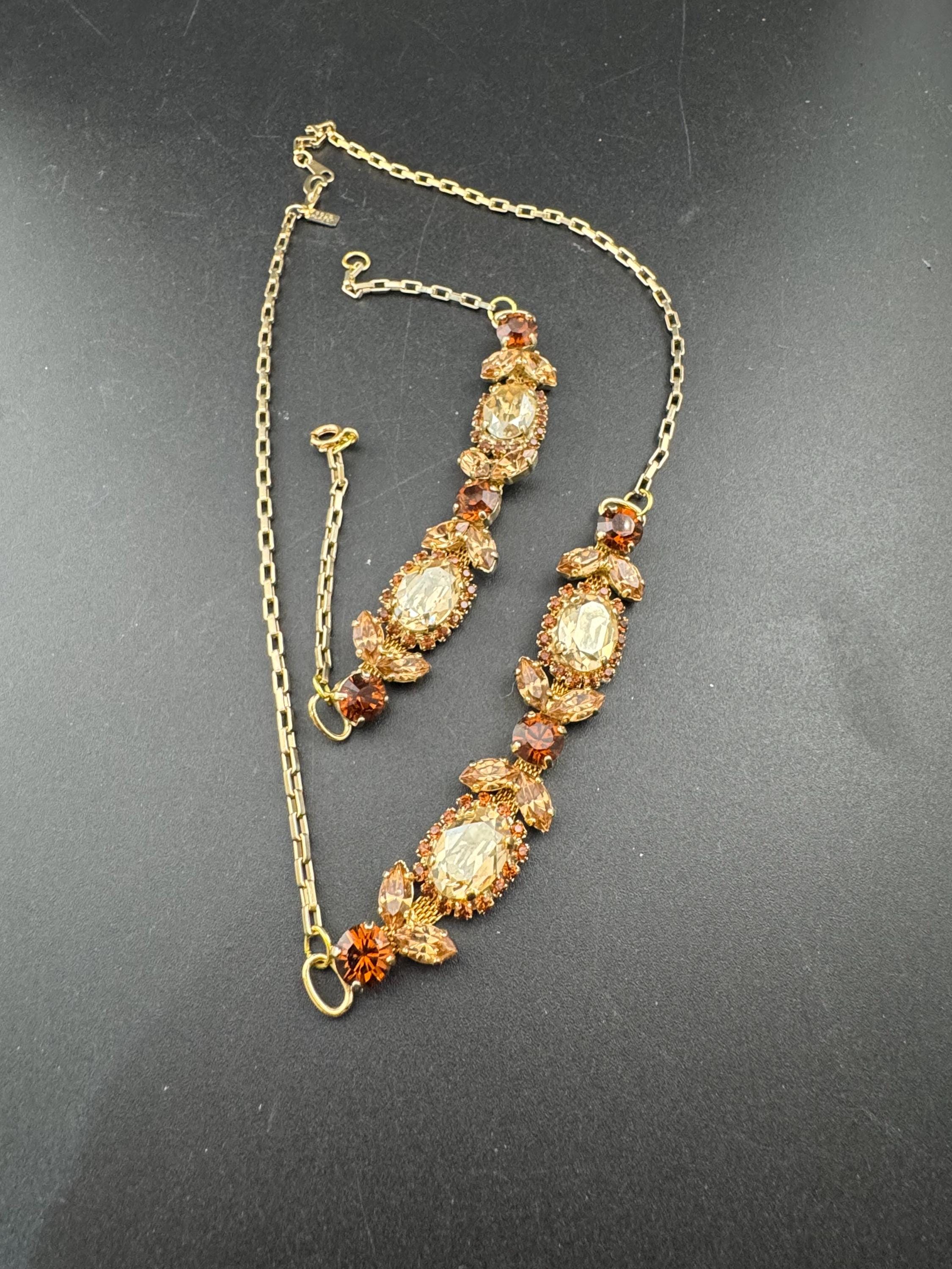 Vintage cognac brown glass diamanté rhinestone necklace and  bracelet, jewellery set