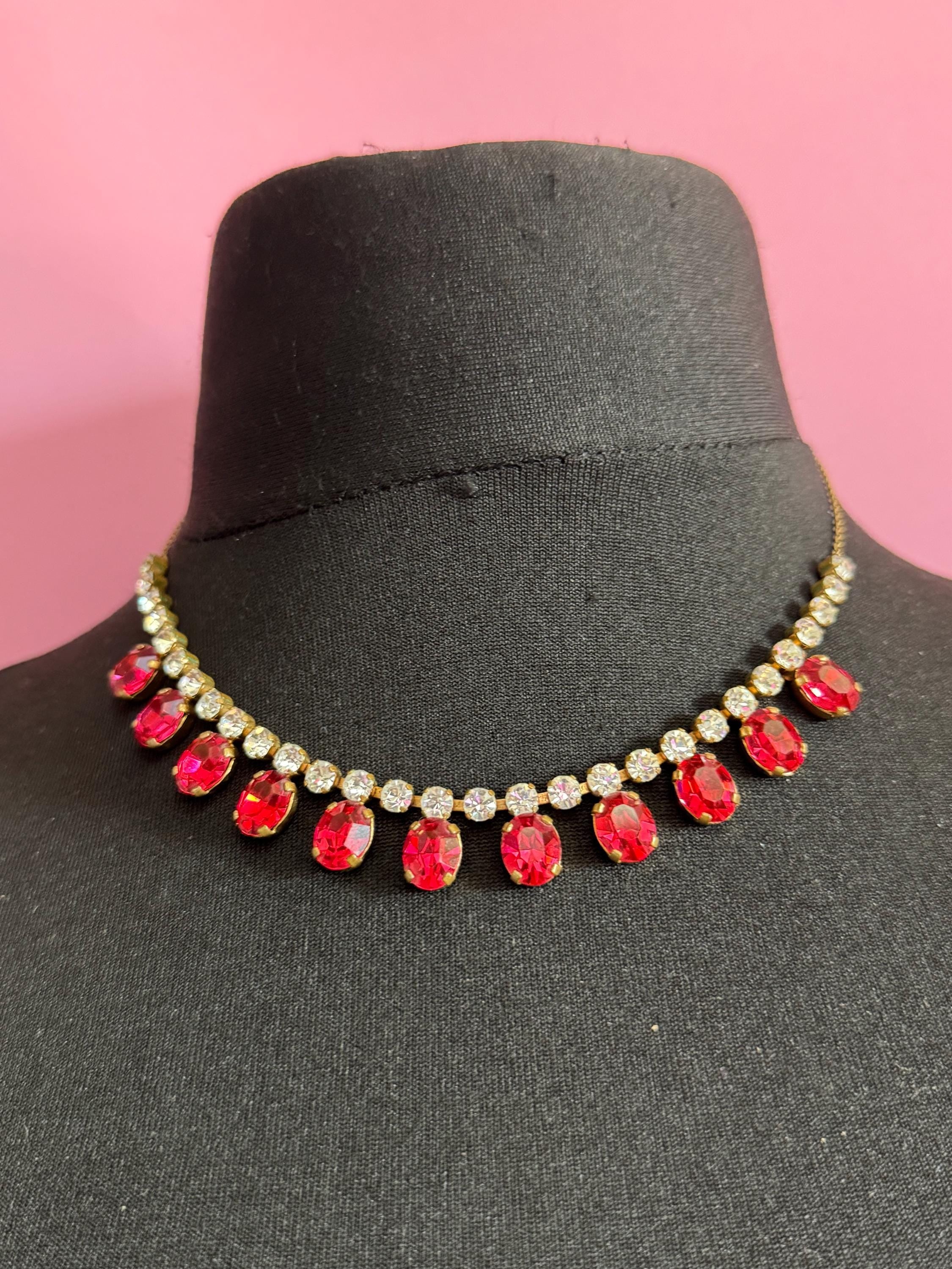 44cm Ruby red pink diamanté crystal drop necklace, fine chain, glass rhinestones, vintage