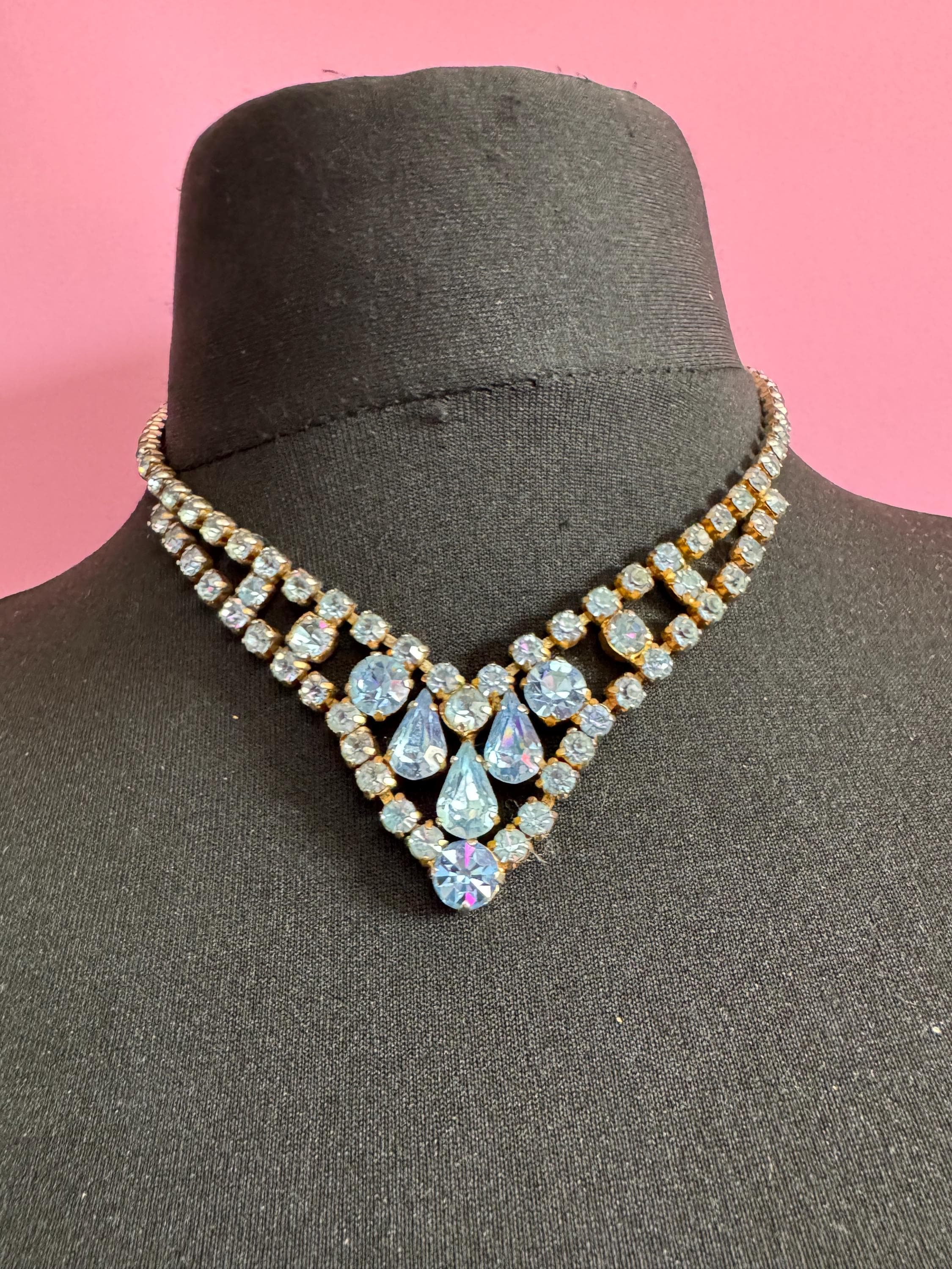Light blue diamanté crystal drop necklace, glass rhinestones, vintage