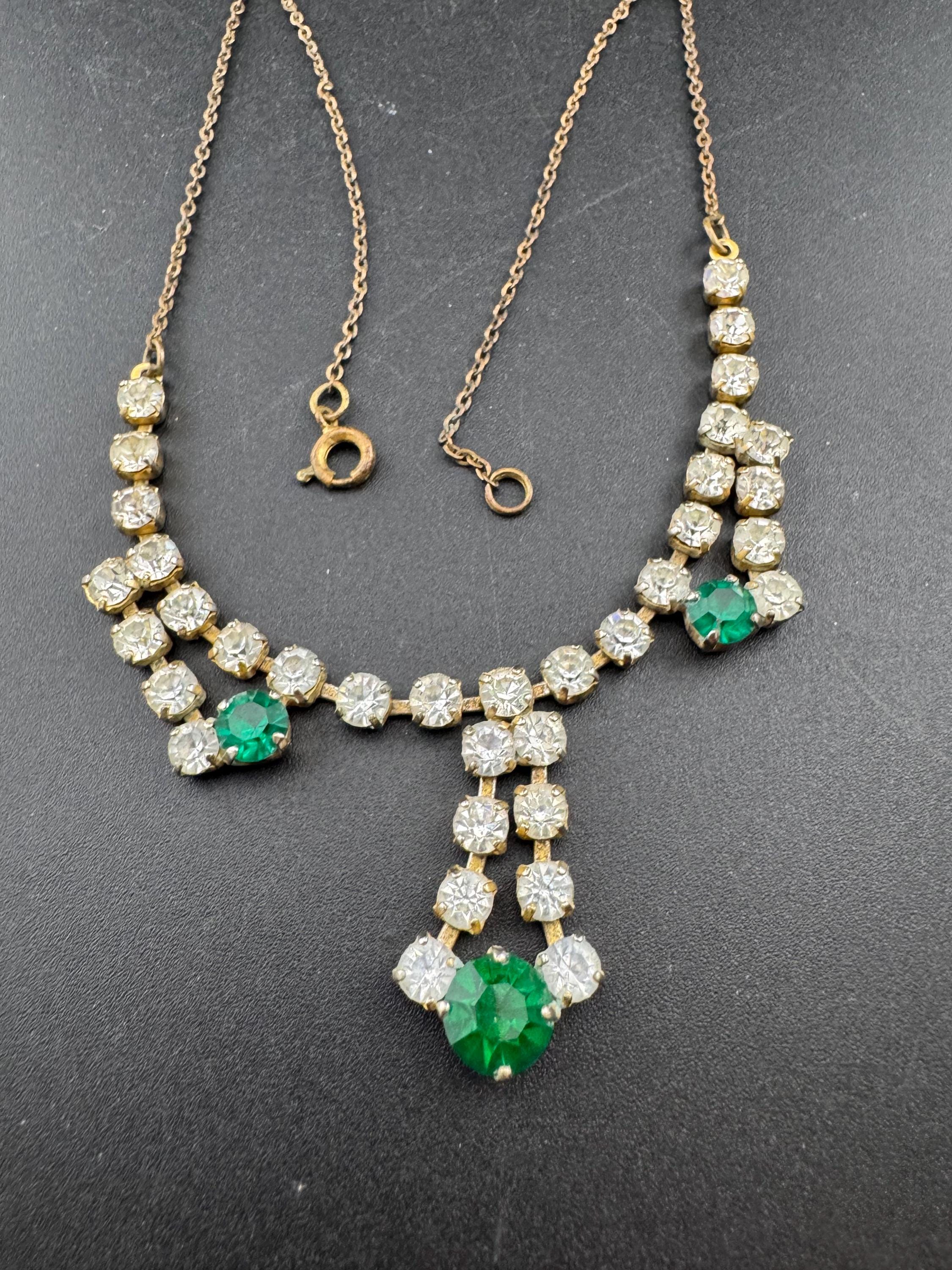 Emerald green diamanté crystal drop necklace, glass rhinestones, vintage