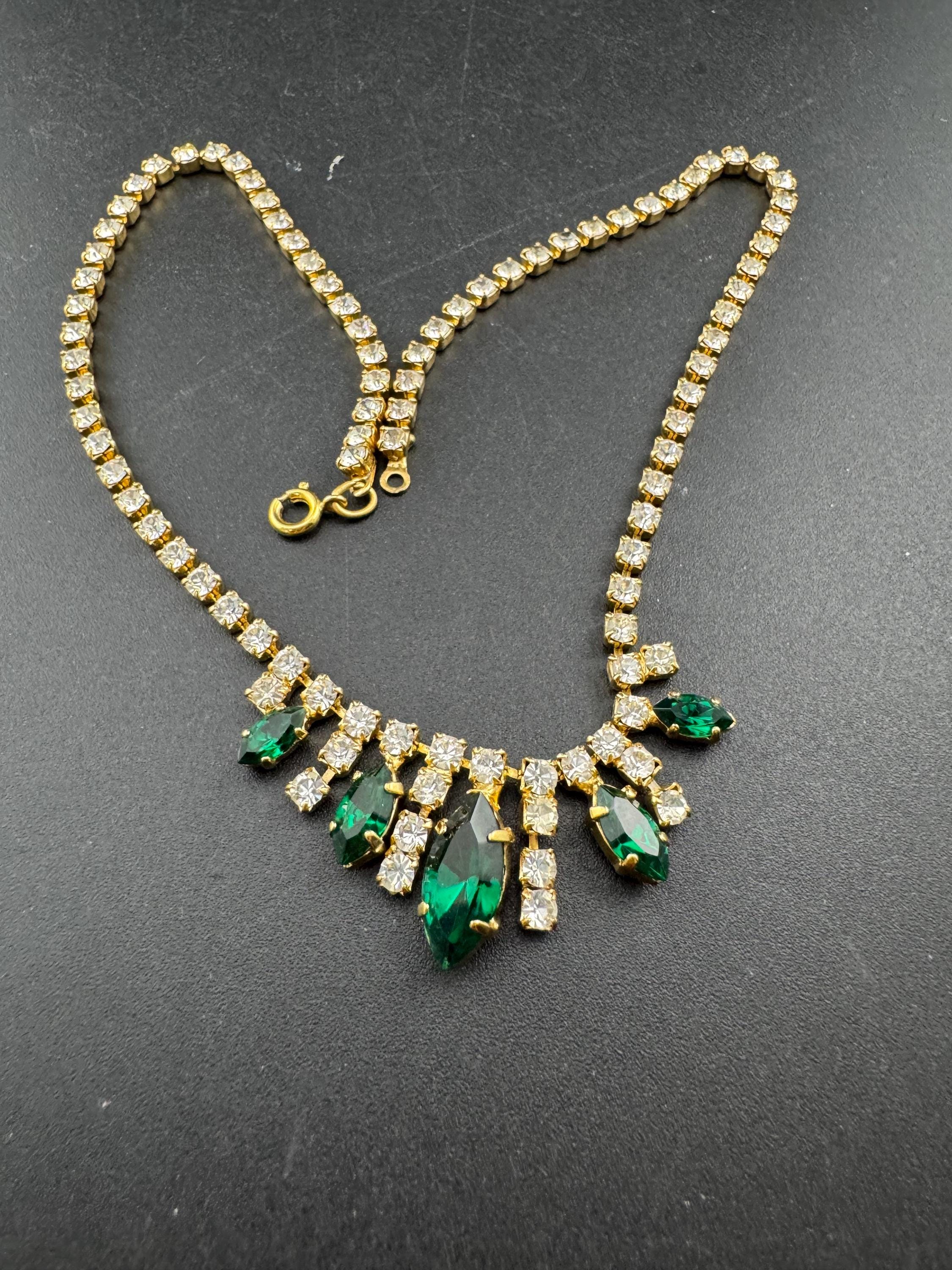 Petite fit 39cm Emerald green diamanté crystal drop necklace, glass rhinestones, vintage