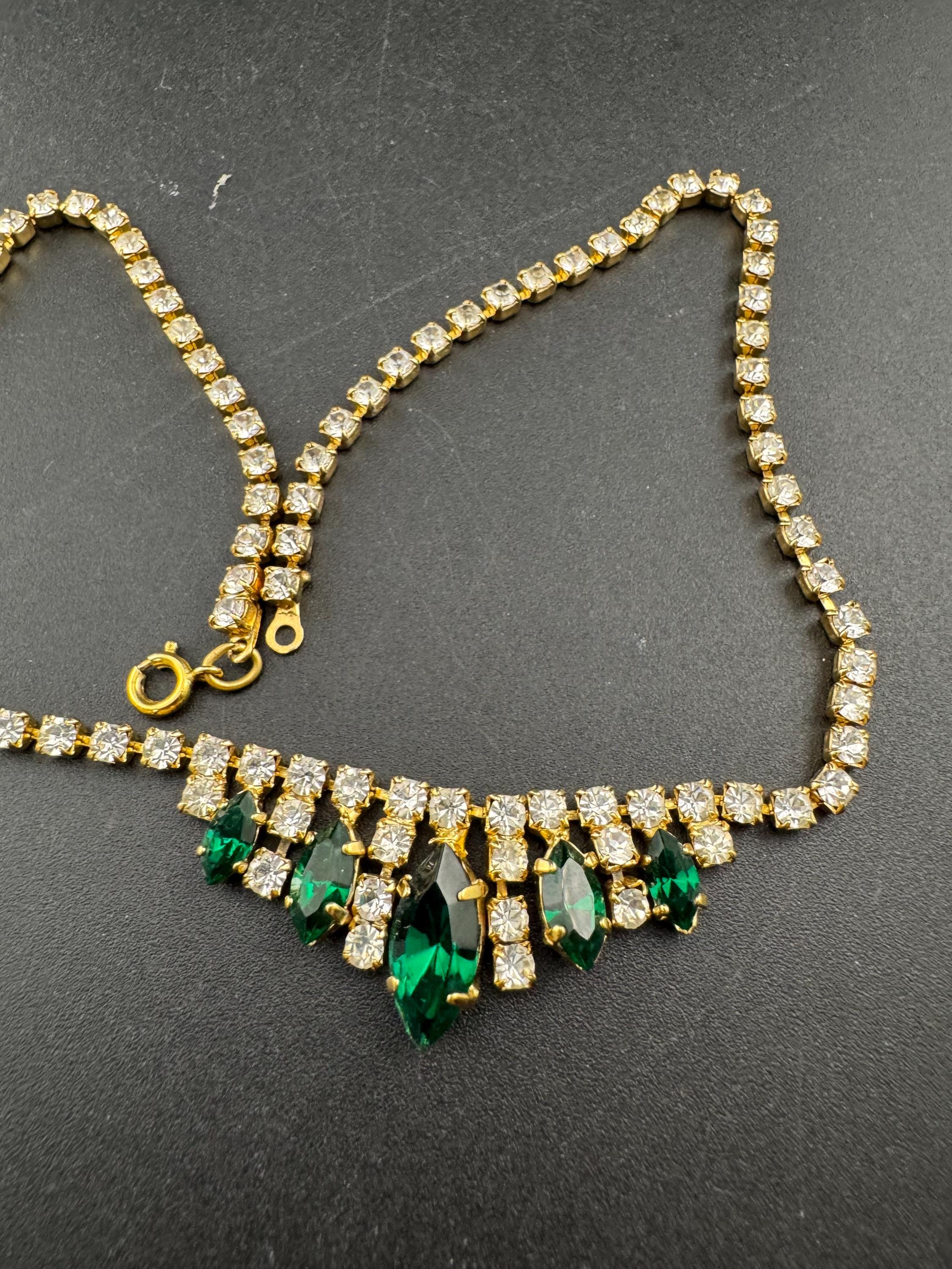 Petite fit 39cm Emerald green diamanté crystal drop necklace, glass rhinestones, vintage