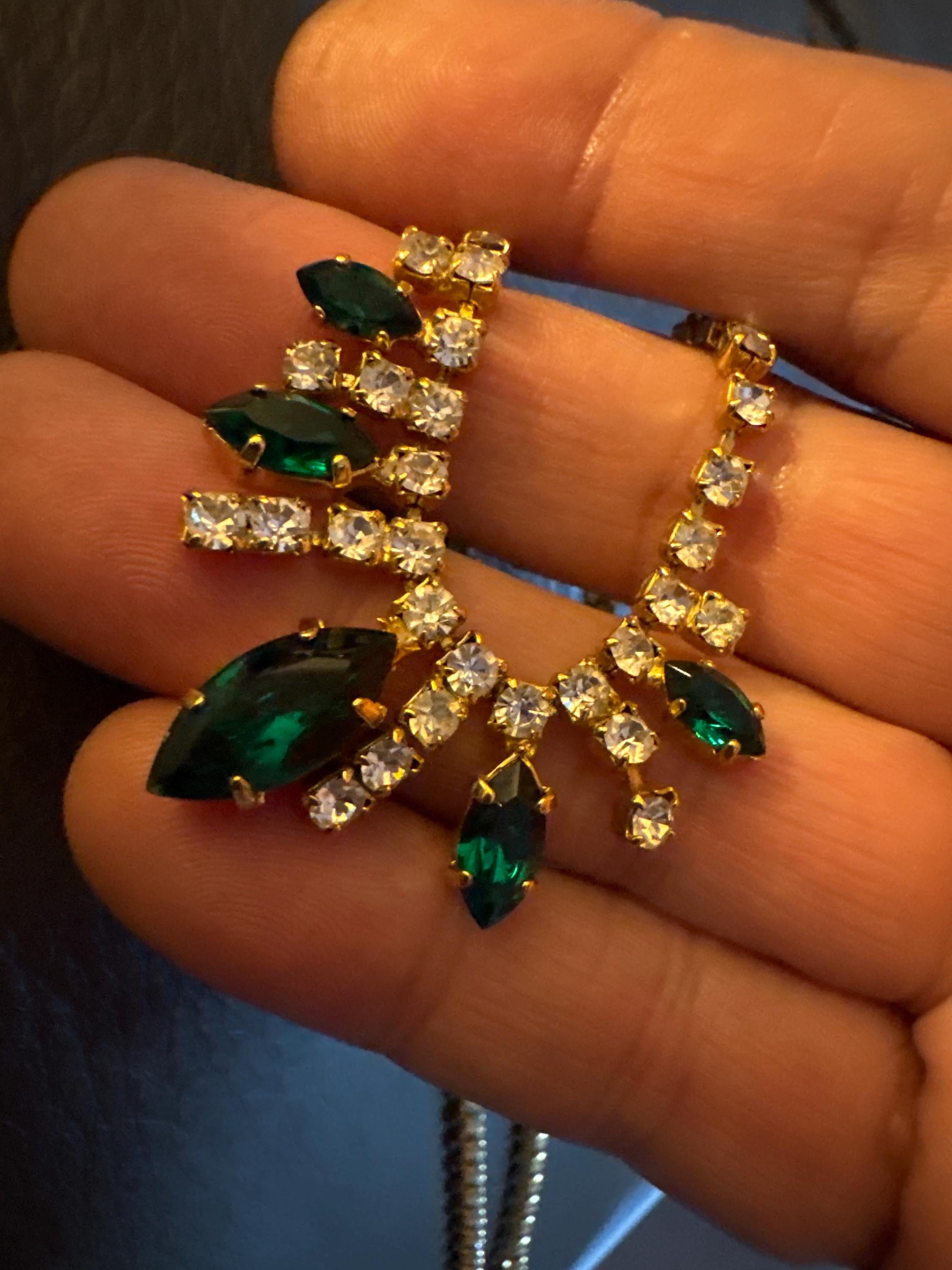 Petite fit 39cm Emerald green diamanté crystal drop necklace, glass rhinestones, vintage