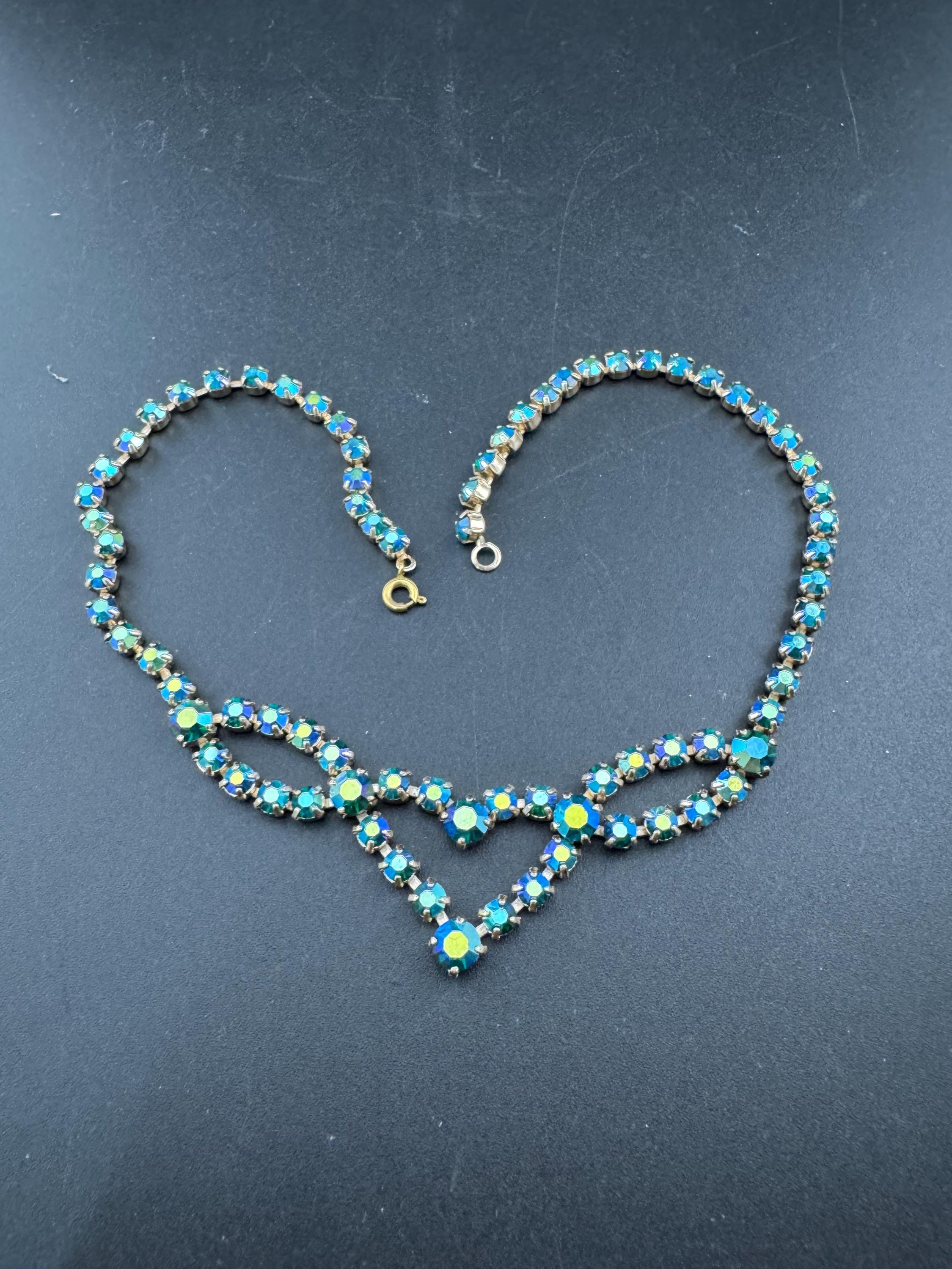 Petite fit 39cm blue green Aurora borealis diamanté crystal necklace, glass, vintage