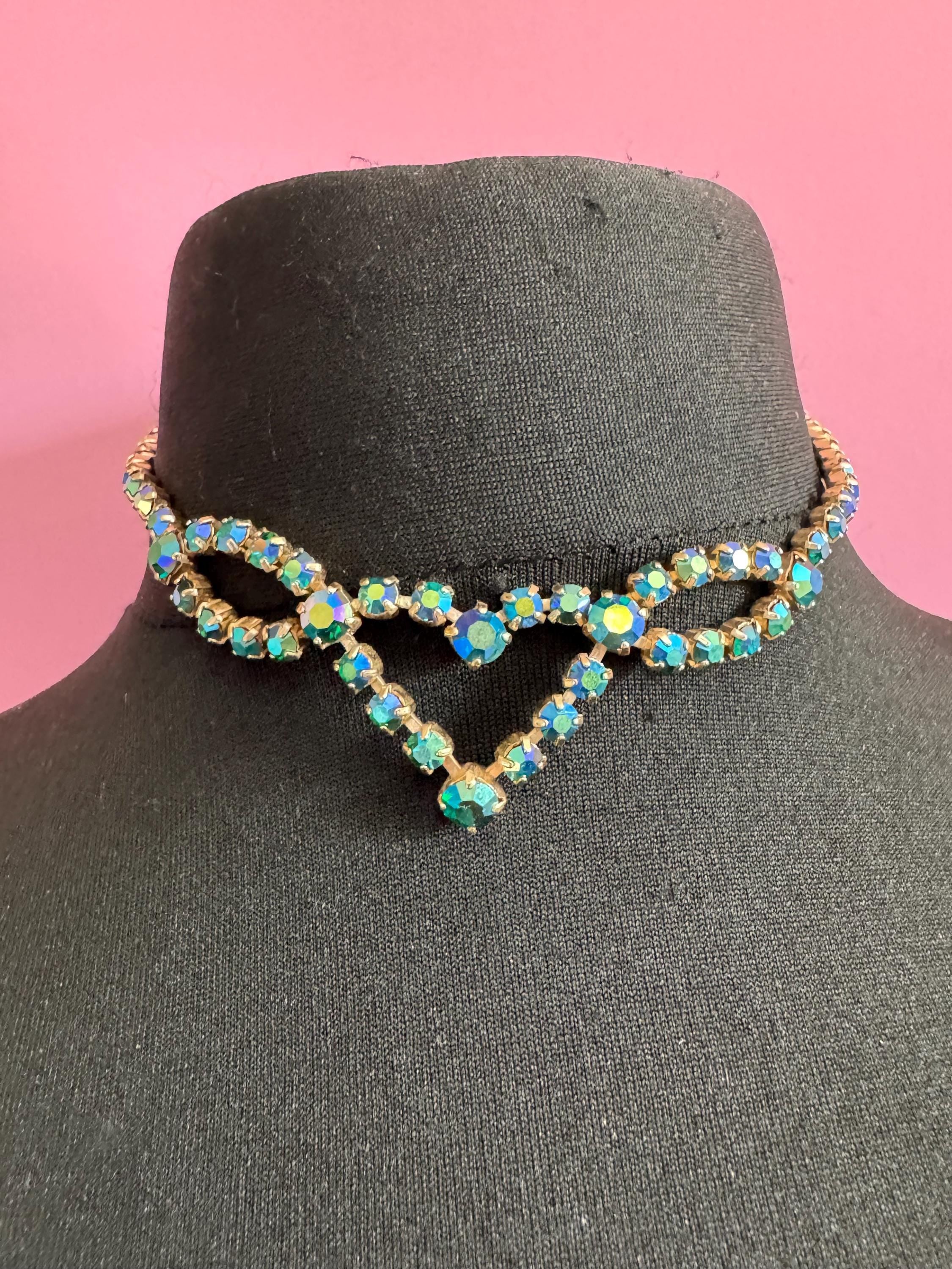 Petite fit 39cm blue green Aurora borealis diamanté crystal necklace, glass, vintage