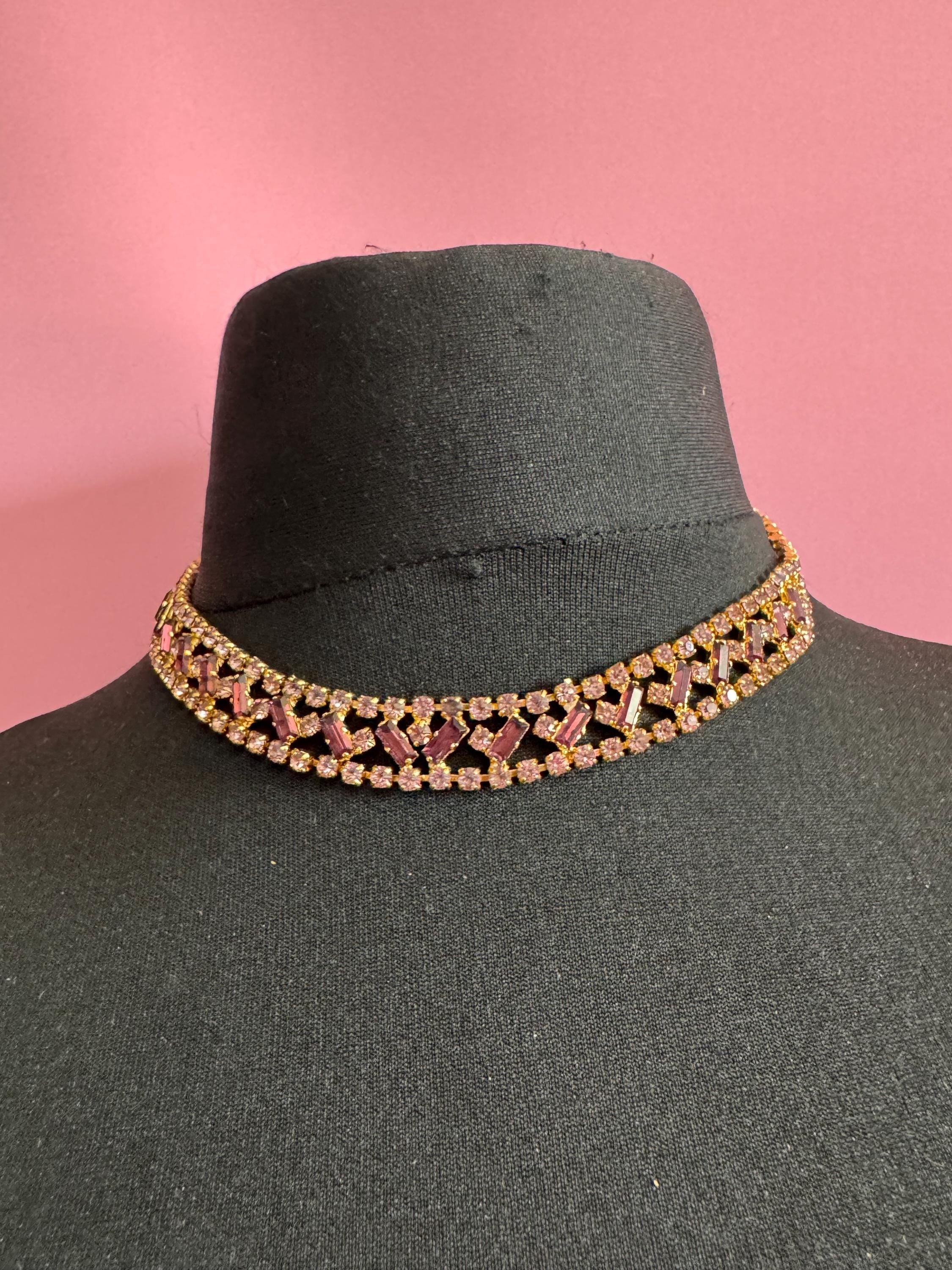 Purple amethyst baguette diamanté crystal choker necklace, glass rhinestones, vintage