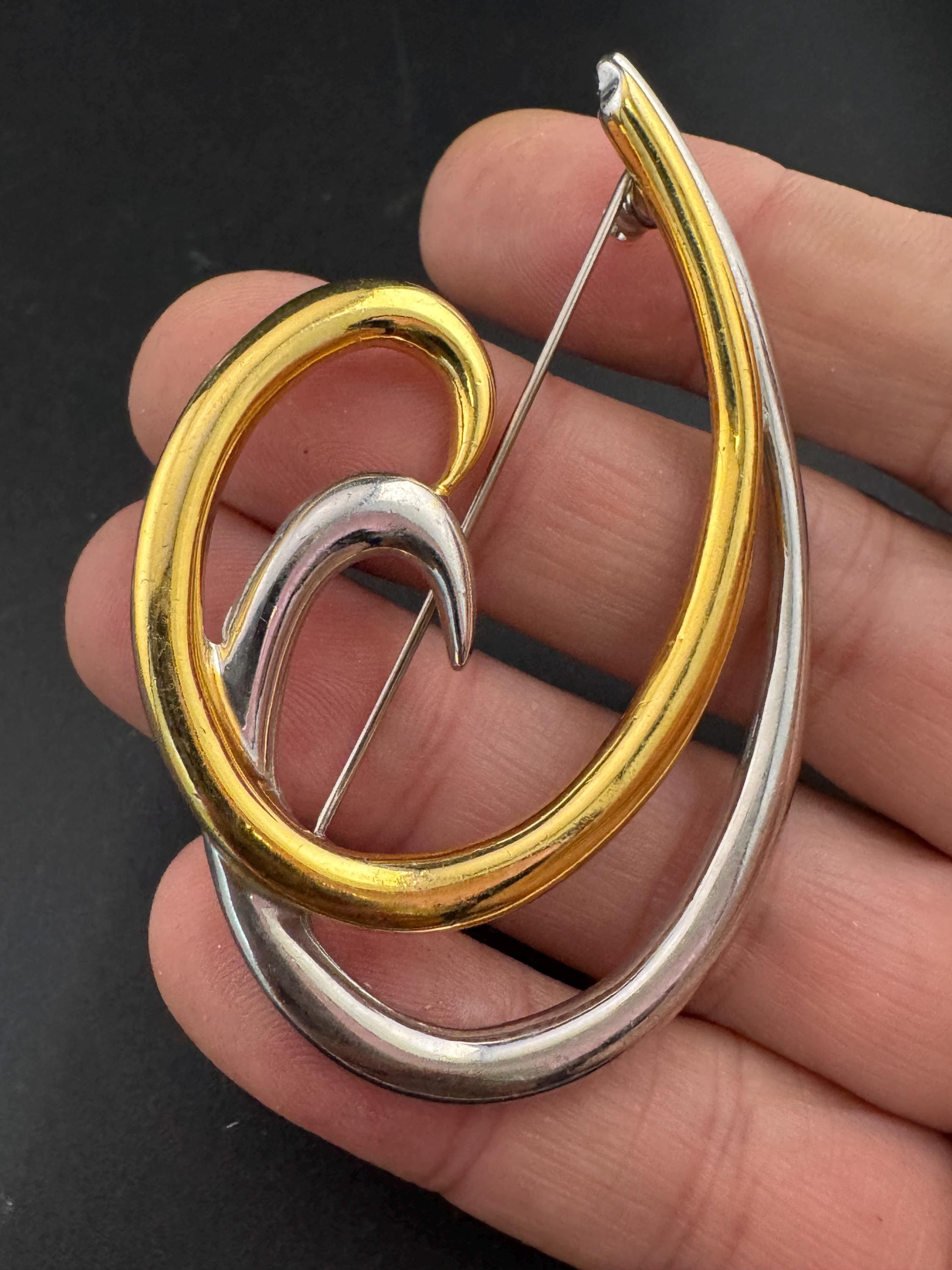 Signed MONET large abstract modernist swirl brooch, 6cm gold and silver tone
