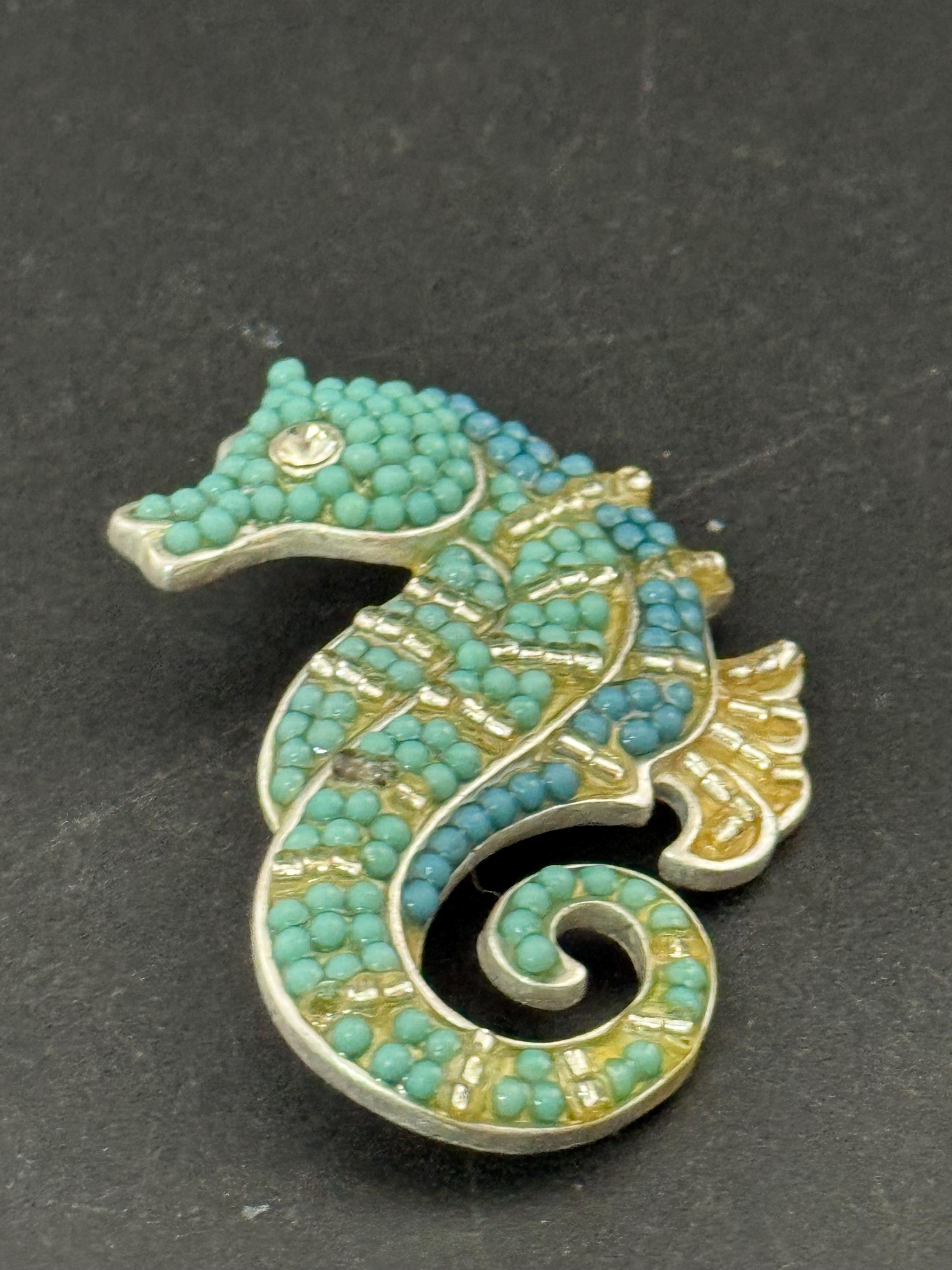 Signed Liz Claiborne seahorses brooch, large with turquoise beading