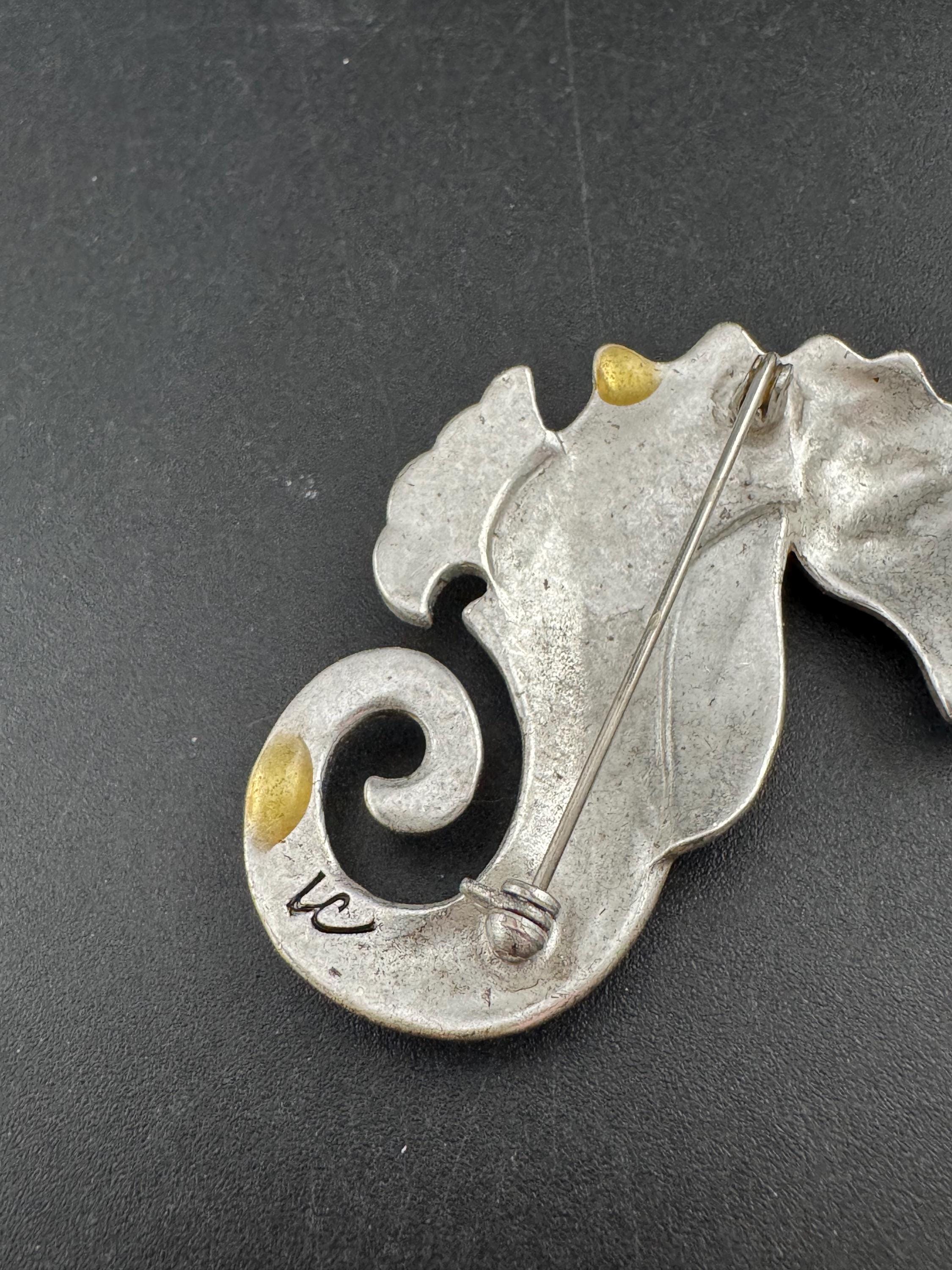 Signed Liz Claiborne seahorses brooch, large with turquoise beading