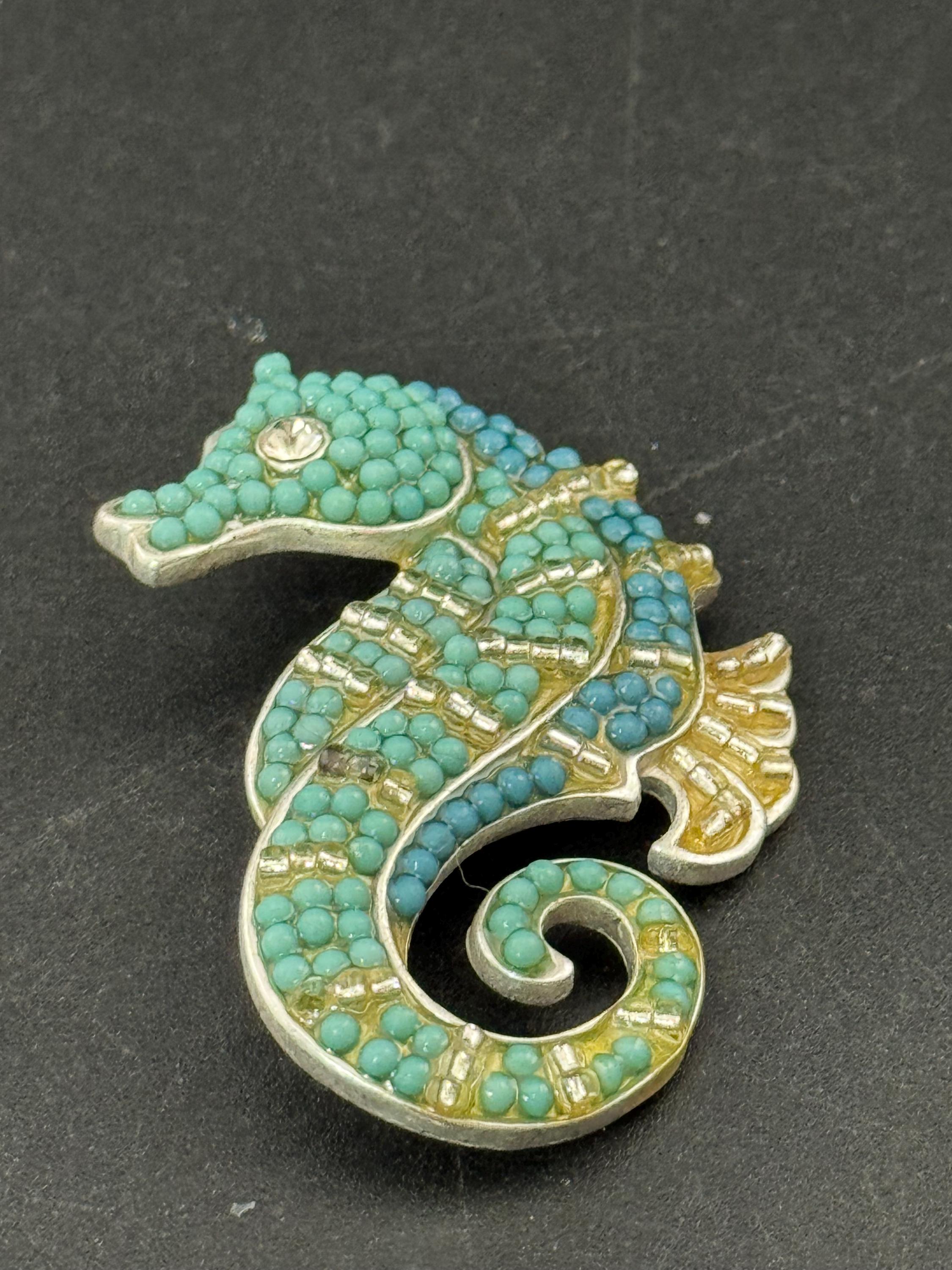 Signed Liz Claiborne seahorses brooch, large with turquoise beading