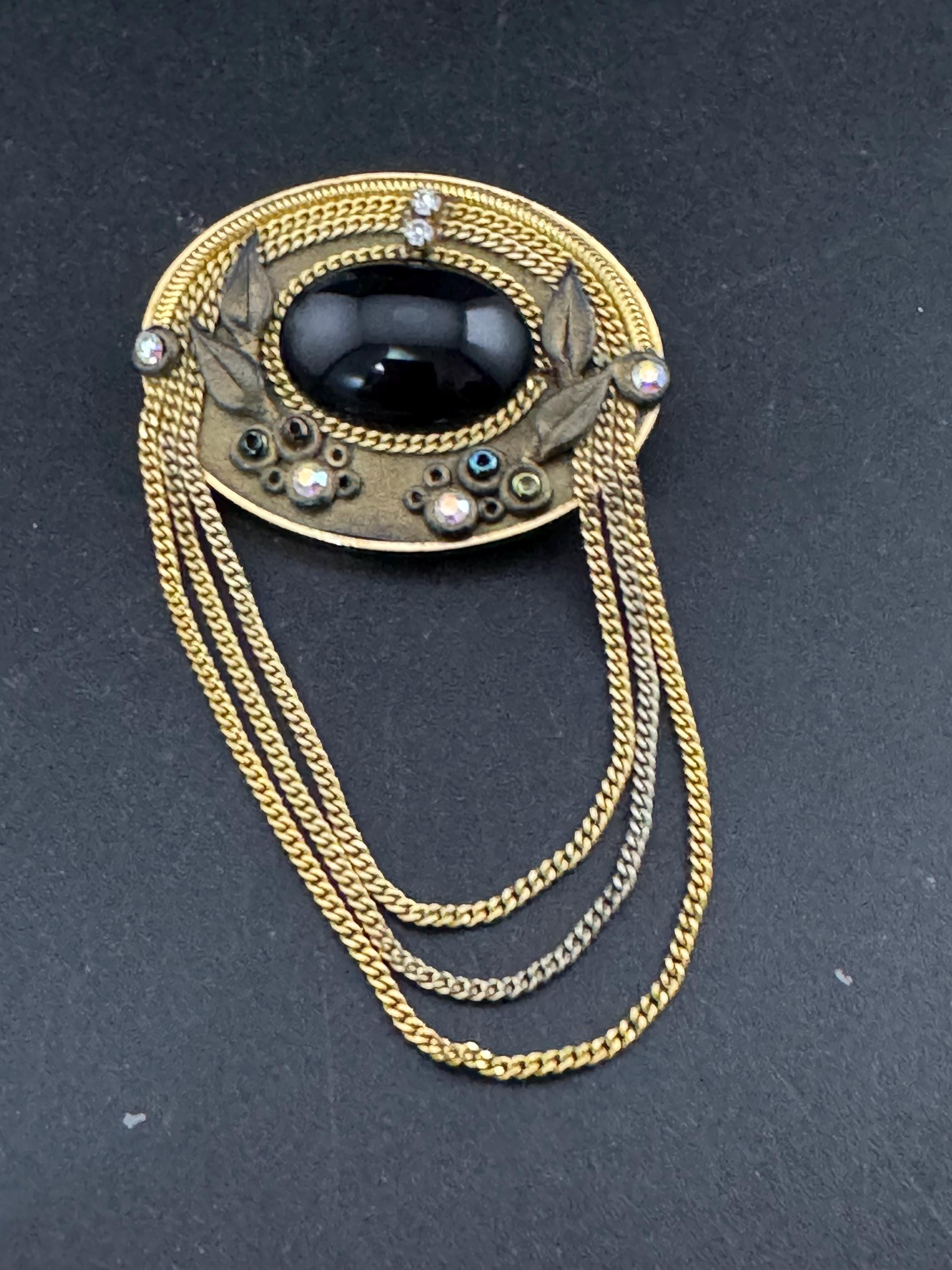 signed Marena west Germany cabochon brooch, set with rhinestones and chains 18k gold plated