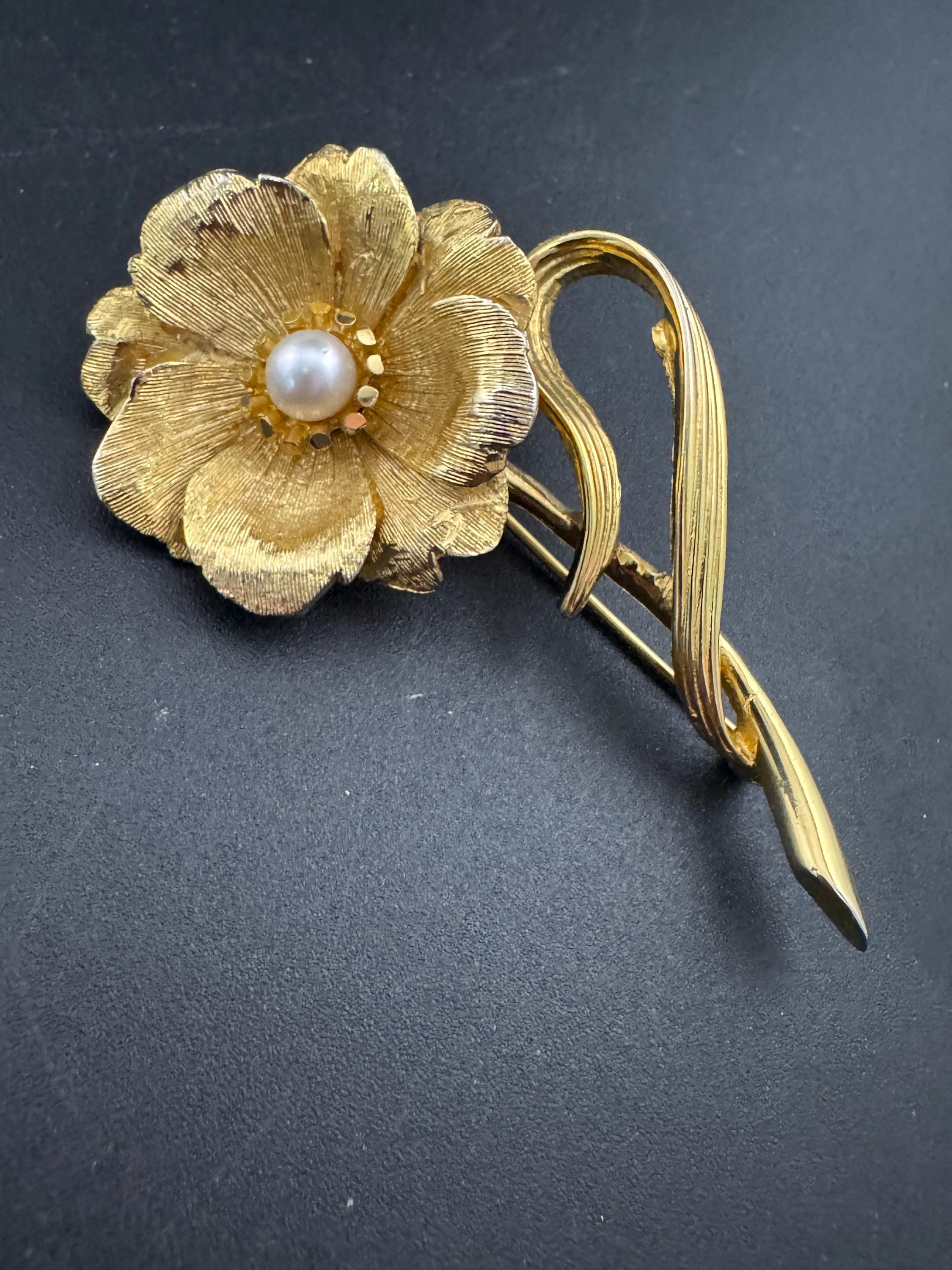 Signed marboux Marcel BOUCHER floral rose pearl brooch 6cm, gold plated , vintage