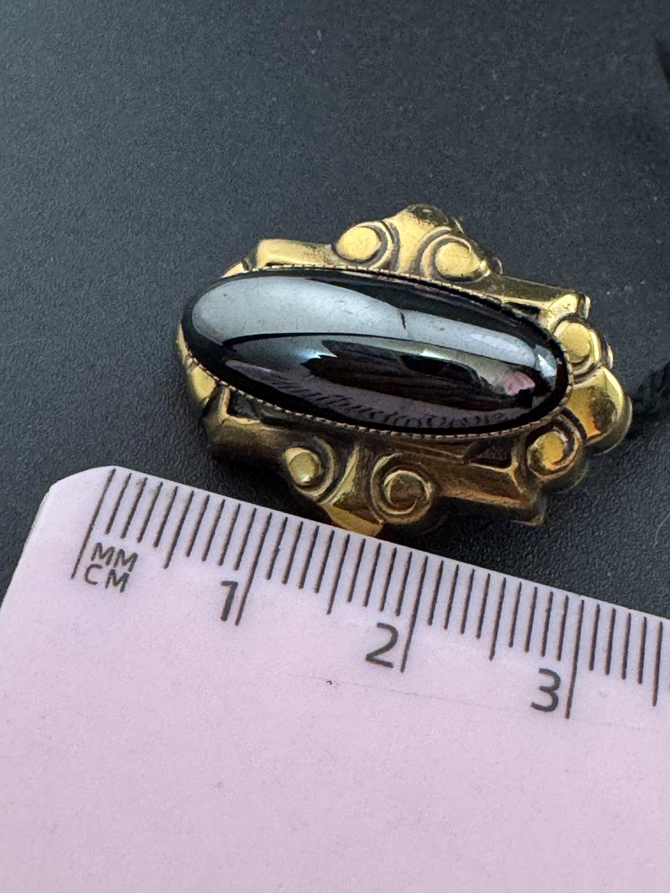 Designer Ermani Bulatti grey glass oval clip on earrings, antique gold tone signed