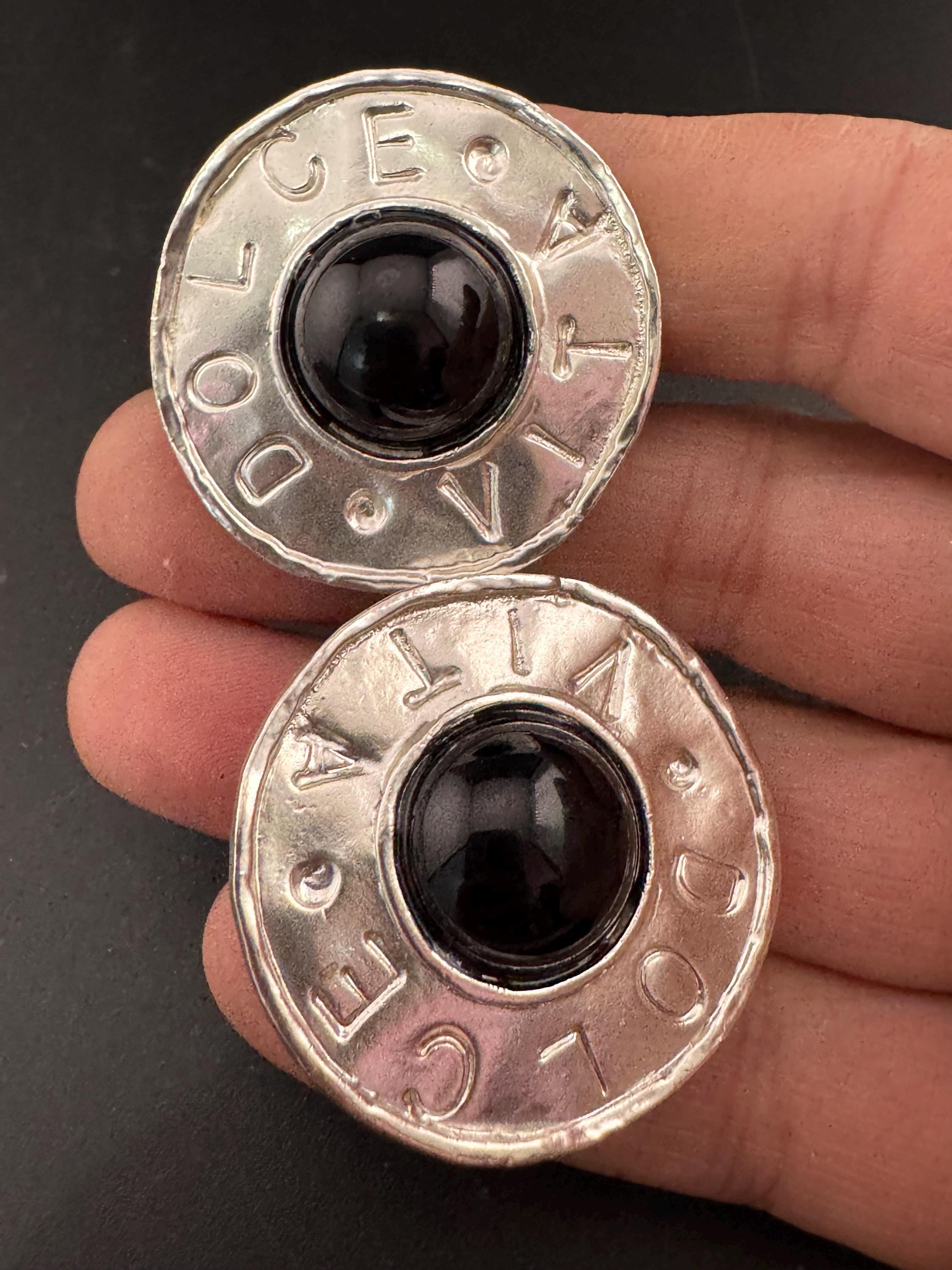 Signed dolce vita Silver disc clip on earrings,  black dome cabochon ,French