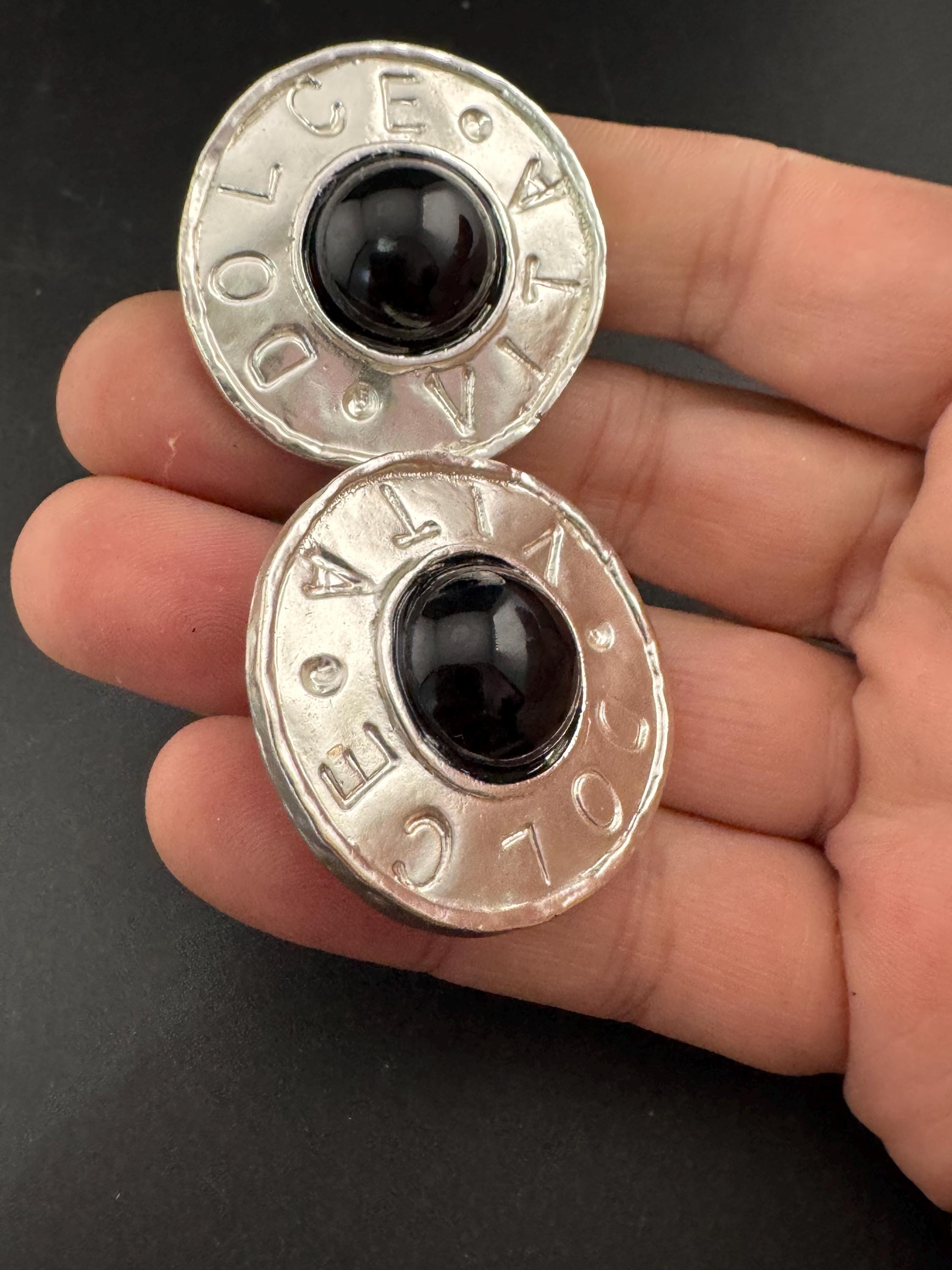 Signed dolce vita Silver disc clip on earrings,  black dome cabochon ,French