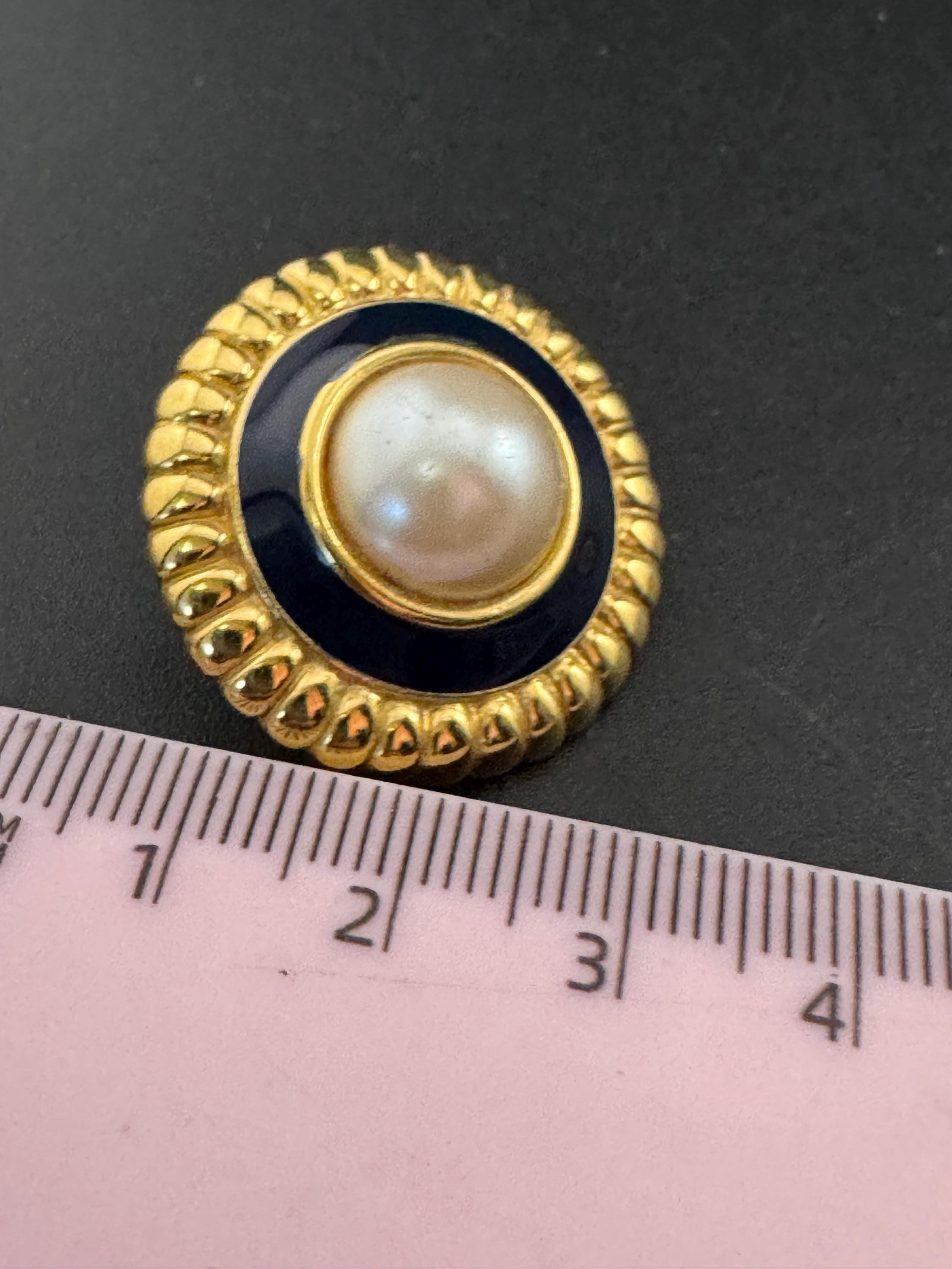 Signed monet Navy blue enamel pearl clip on earrings, gold tone stud