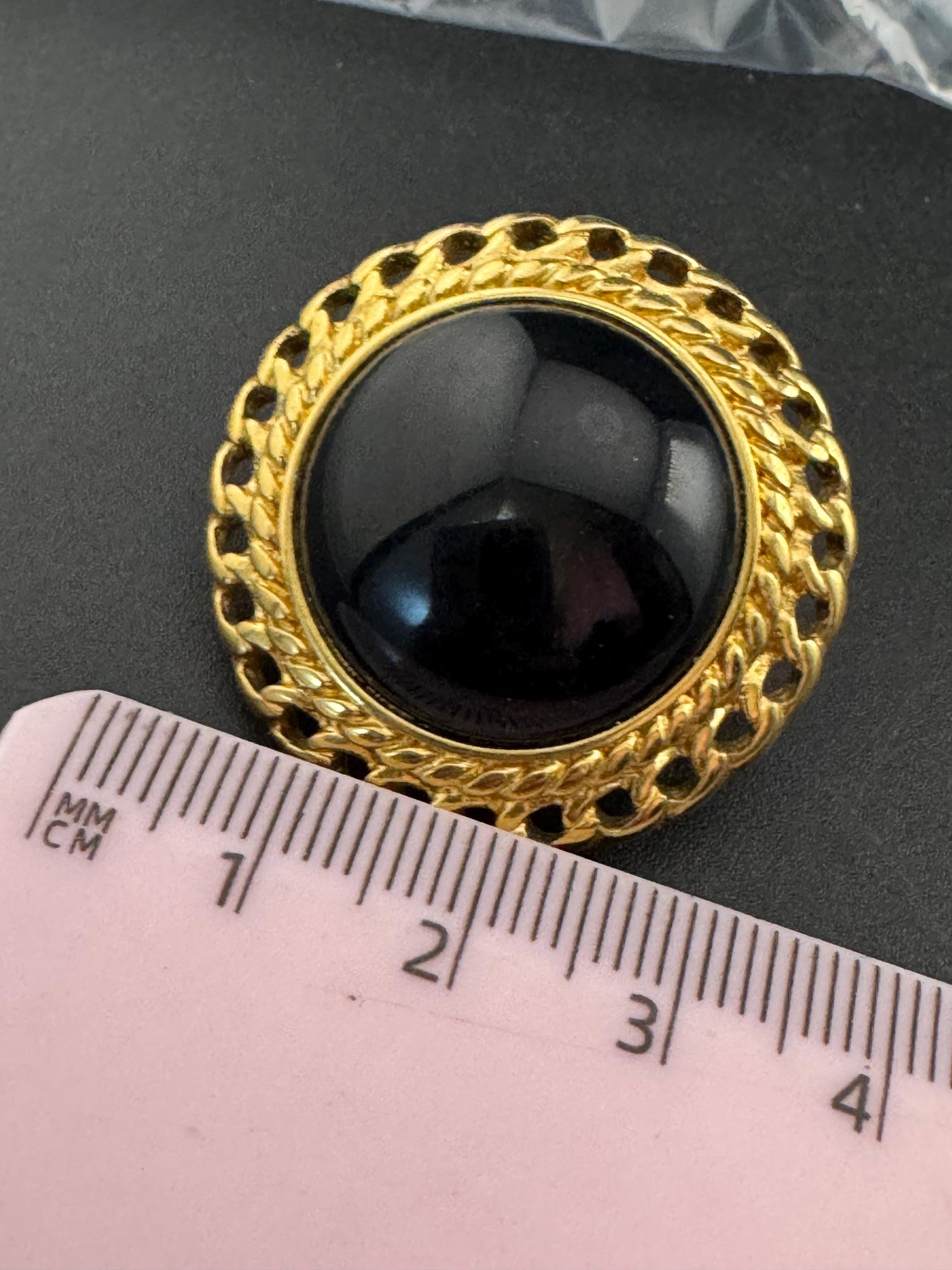 Oversized Signed MONET Gold tone black Cabochon clip on earrings