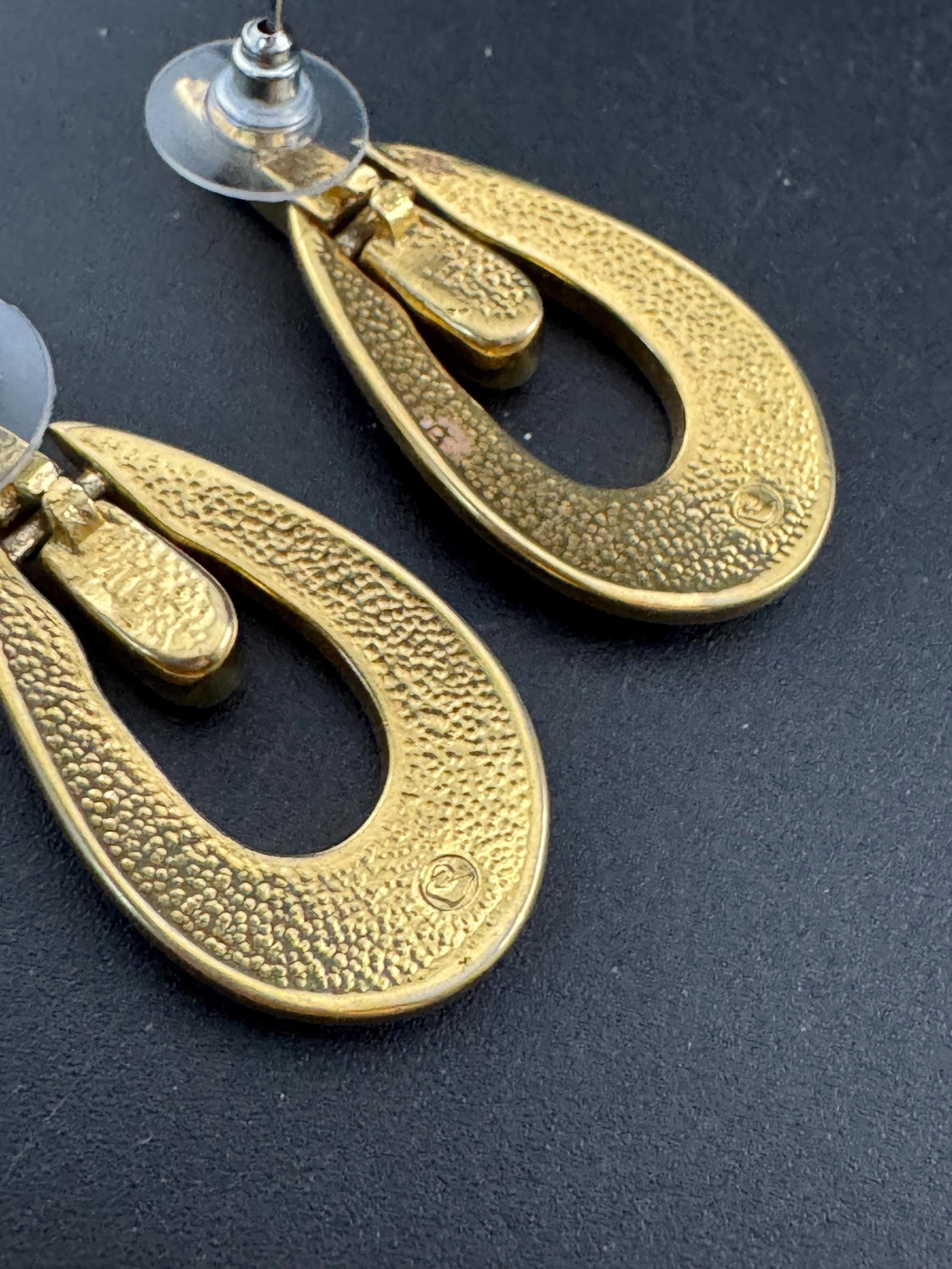Signed Swarovski red enamel door knocker drop earrings, pierced gold tone