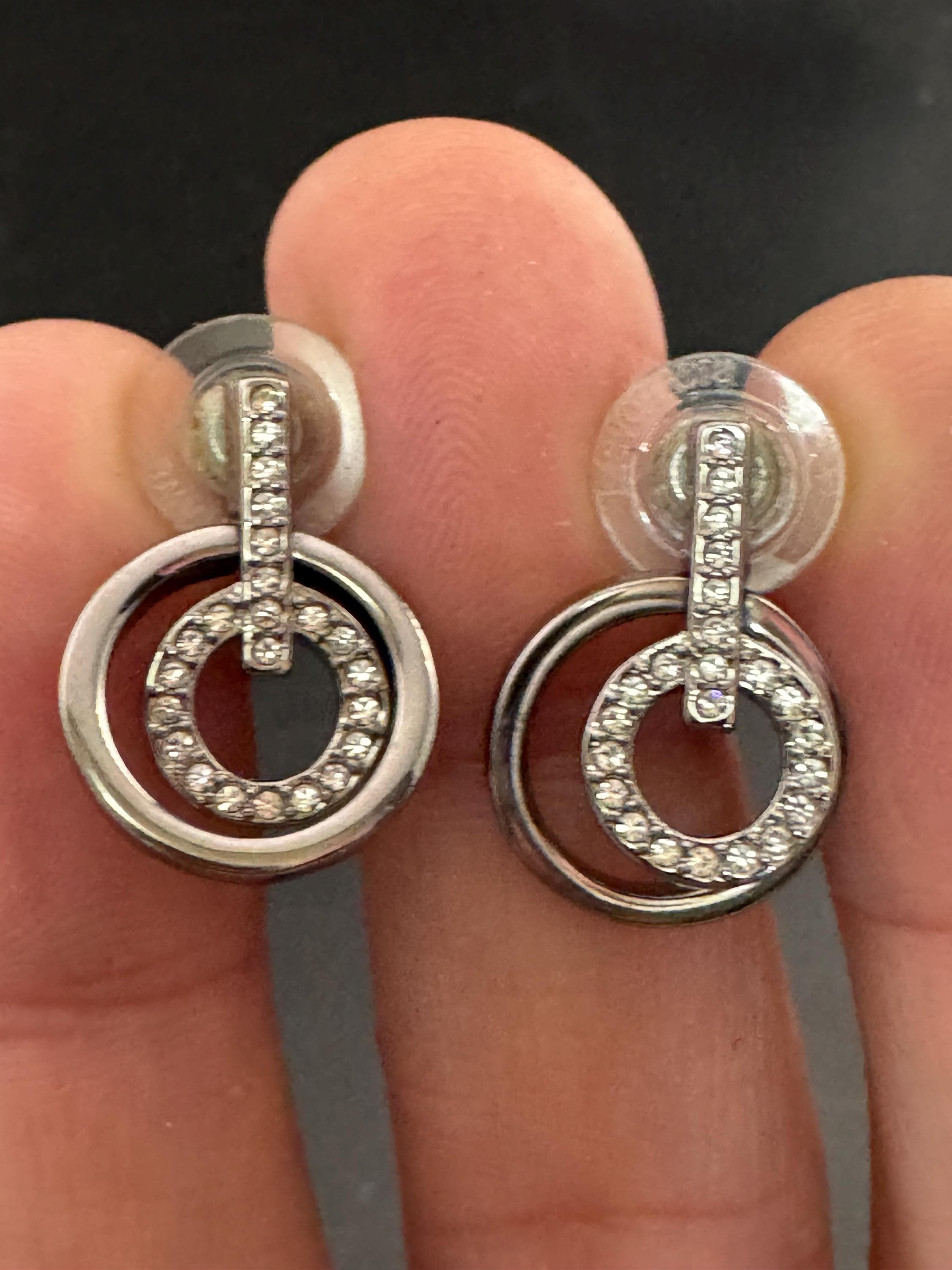 Signed Swarovski silver tone geometric clear crystal pierced drop earrings