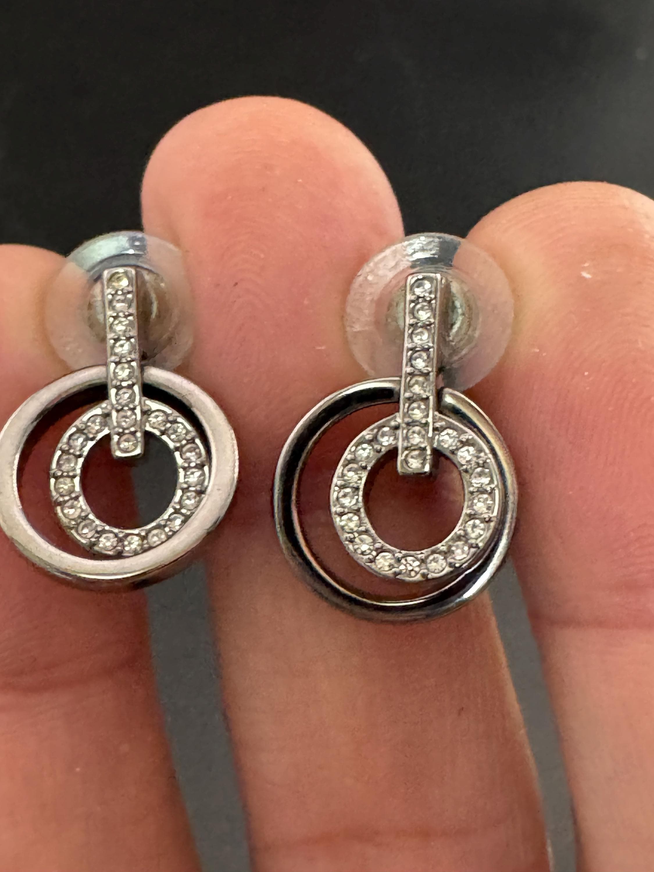 Signed Swarovski silver tone geometric clear crystal pierced drop earrings