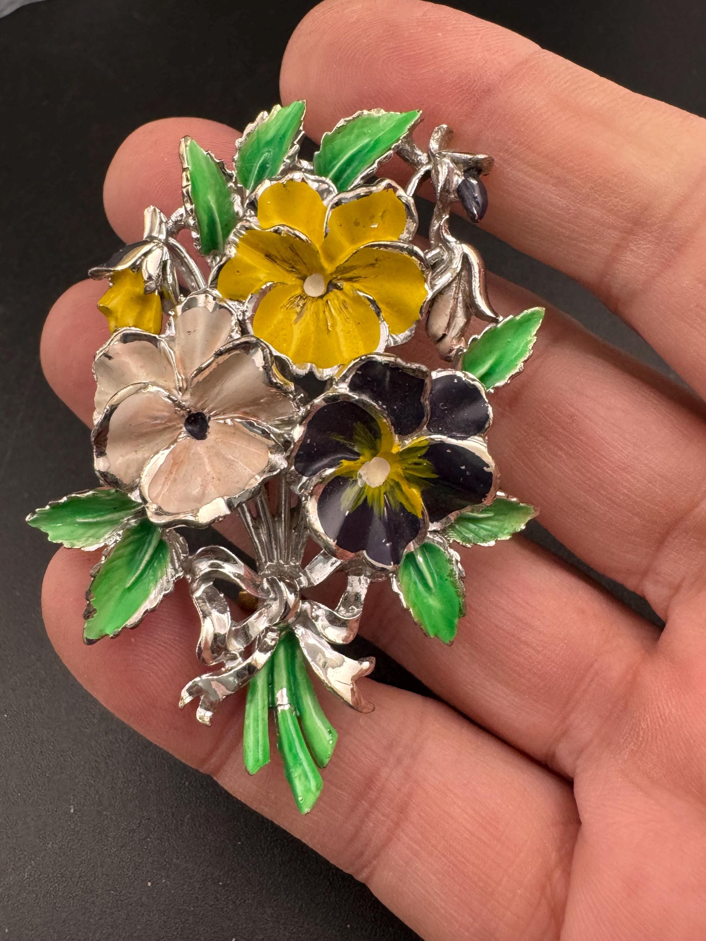 Vintage Enamel Exquisite floral birthday series brooch, purple pansey flowers