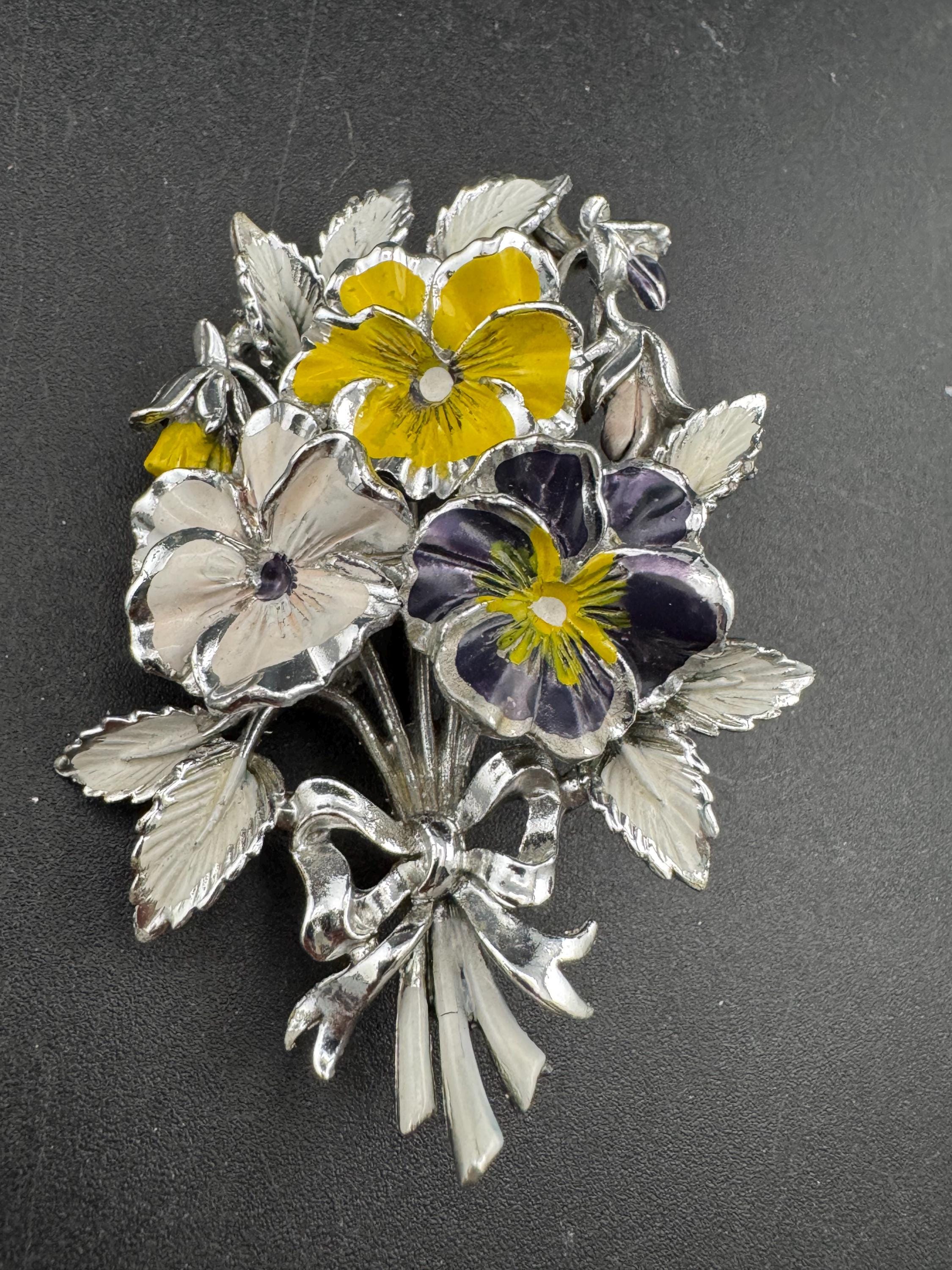 Vintage Enamel Exquisite floral birthday series brooch, purple pansey flowers