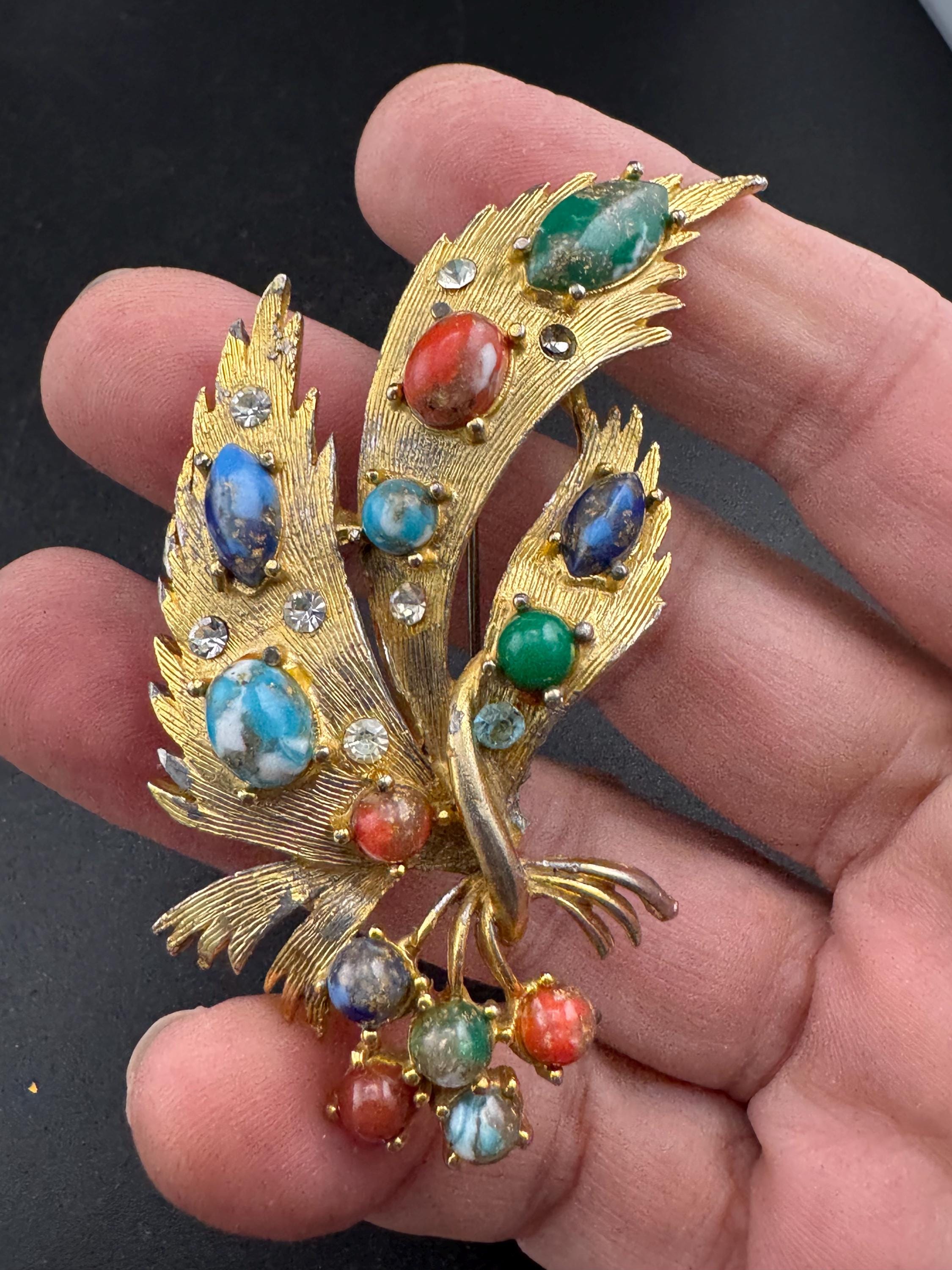 Vintage Enamel signed Exquisite floral rhinestone brooch; coloured cabochons