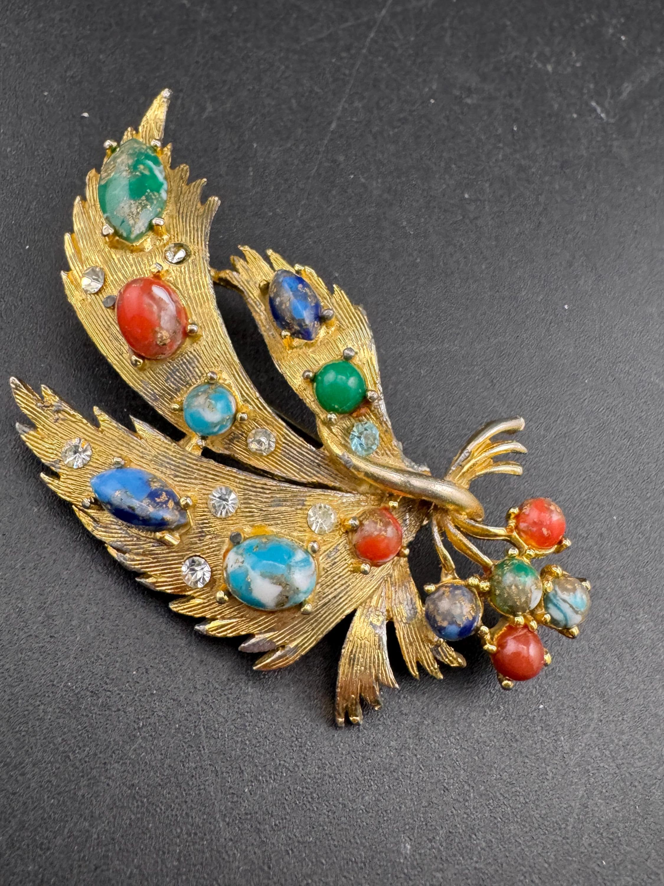 Vintage Enamel signed Exquisite floral rhinestone brooch; coloured cabochons