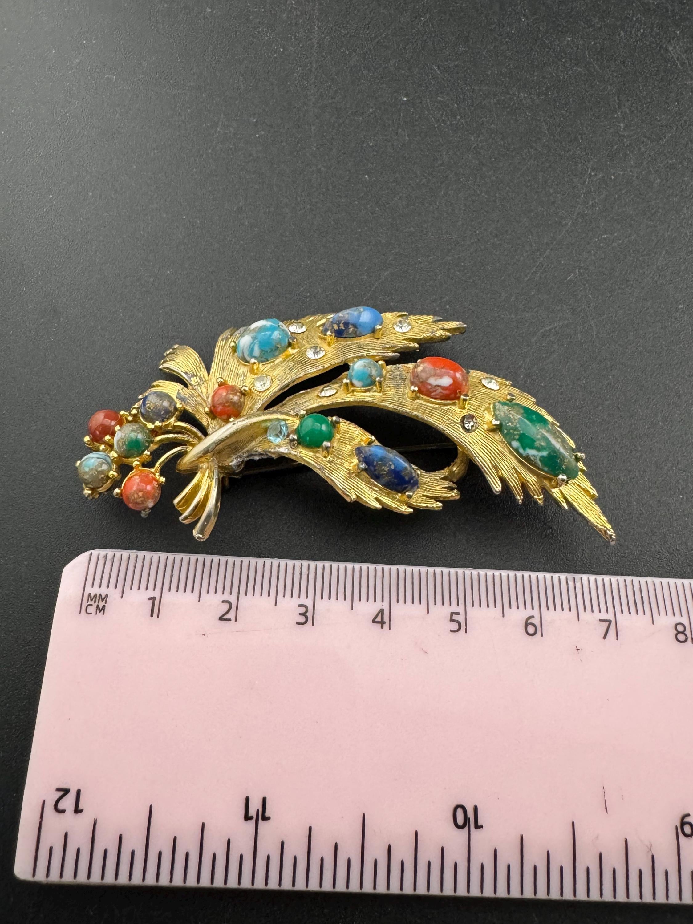 Vintage Enamel signed Exquisite floral rhinestone brooch; coloured cabochons