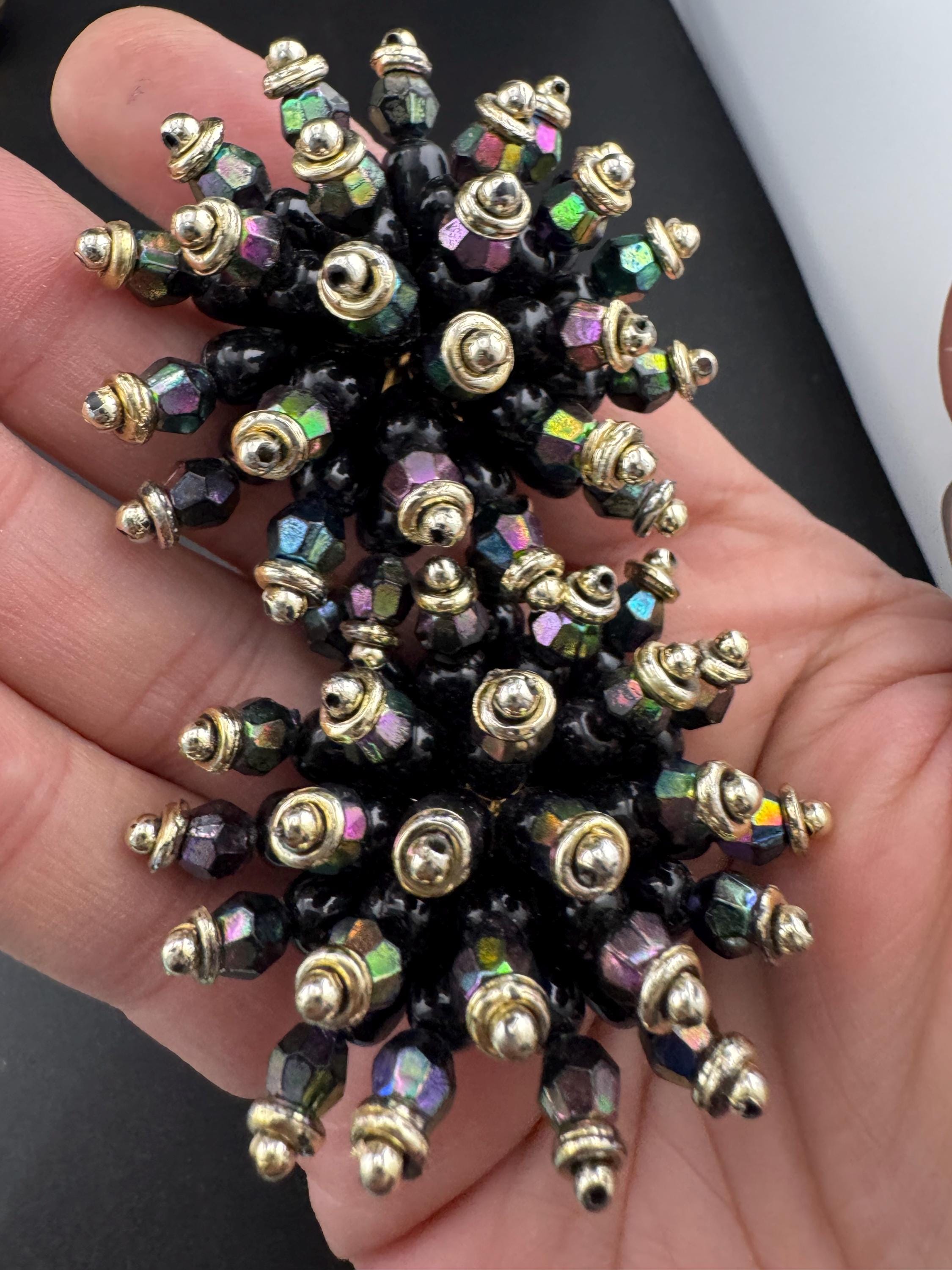 Oversized 5cm black gold plastic cluster beaded Clip On Earrings Vintage