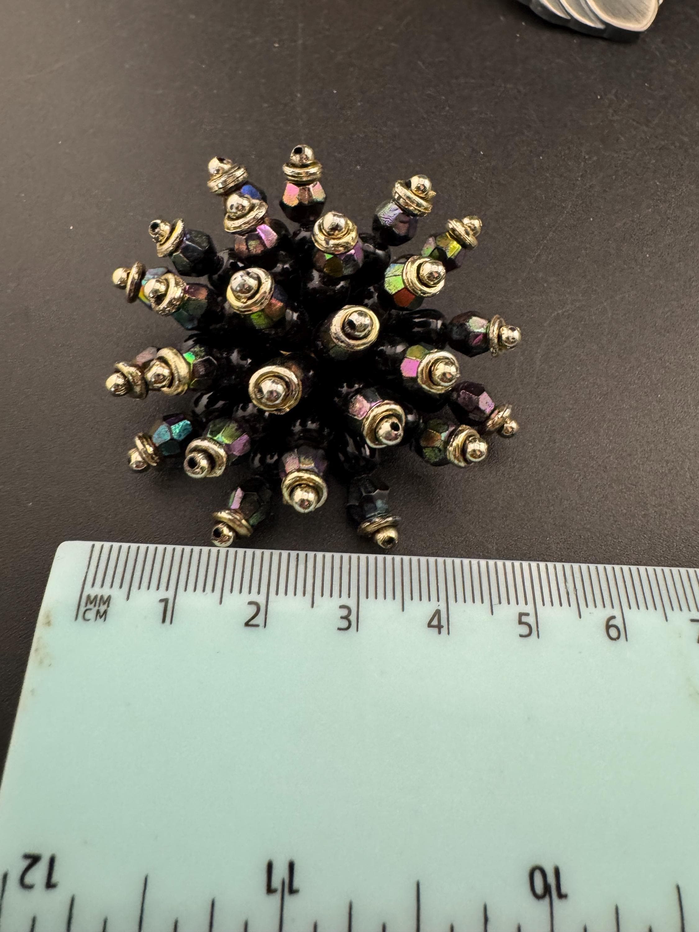 Oversized 5cm black gold plastic cluster beaded Clip On Earrings Vintage