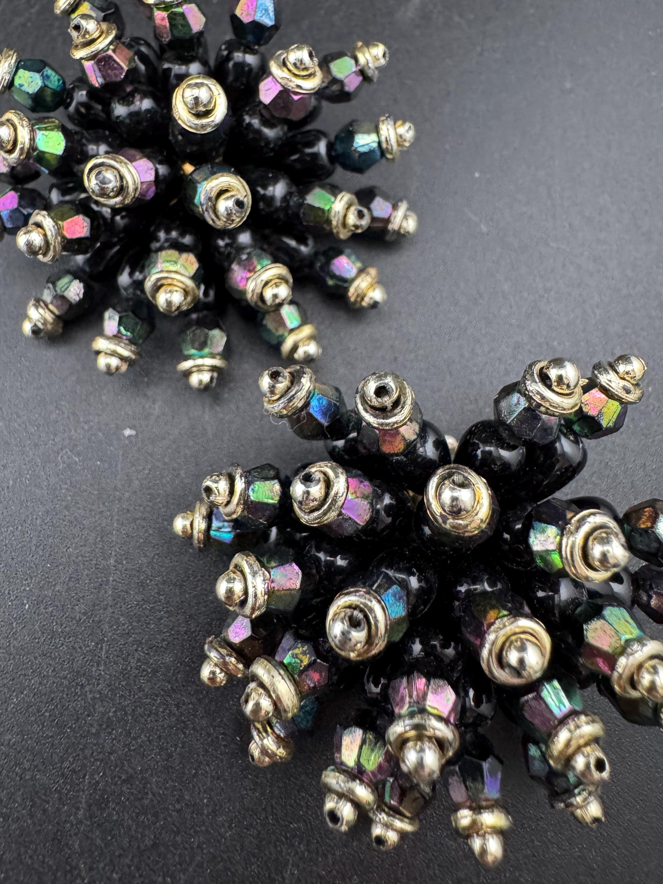 Oversized 5cm black gold plastic cluster beaded Clip On Earrings Vintage
