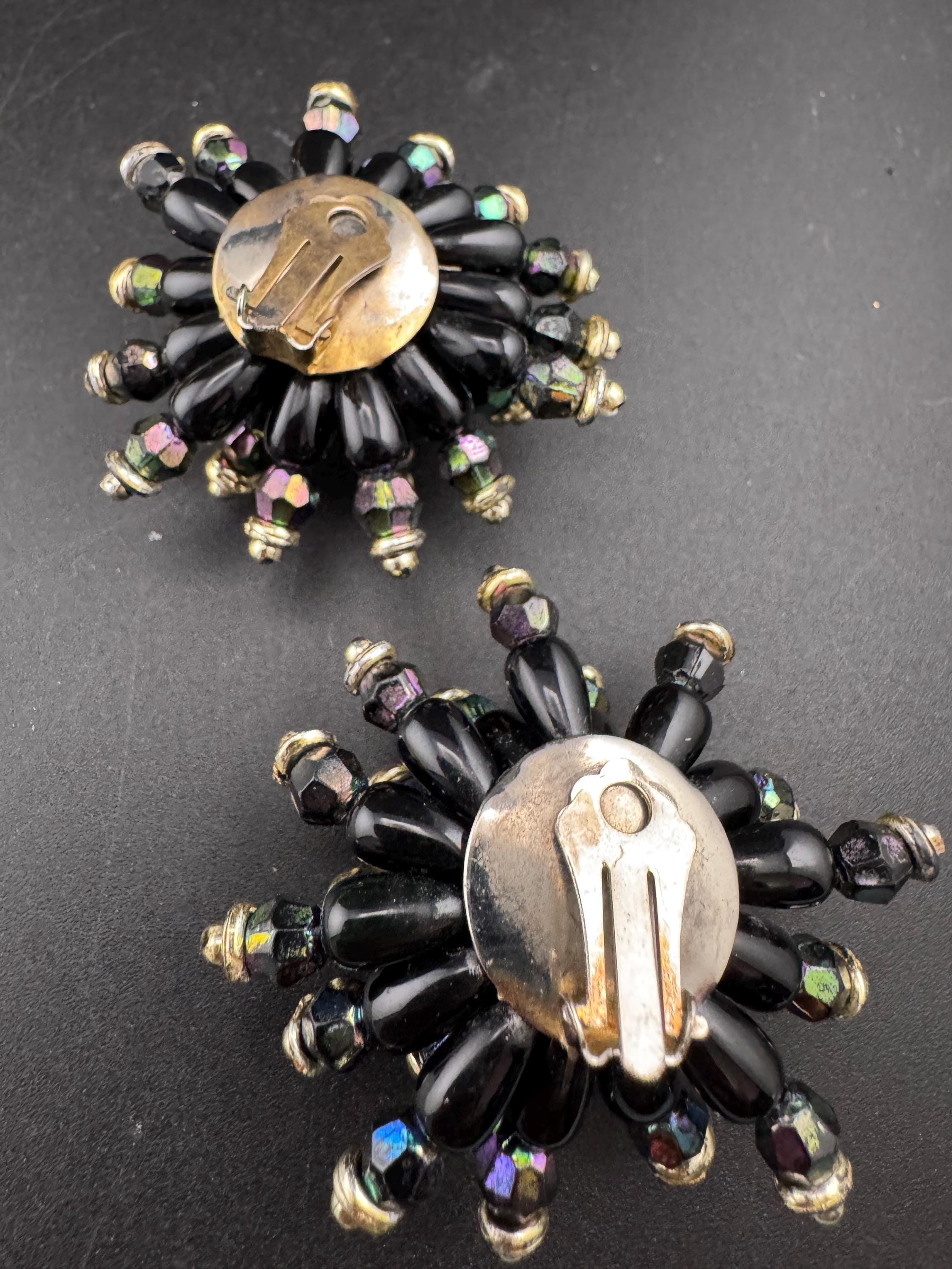 Oversized 5cm black gold plastic cluster beaded Clip On Earrings Vintage