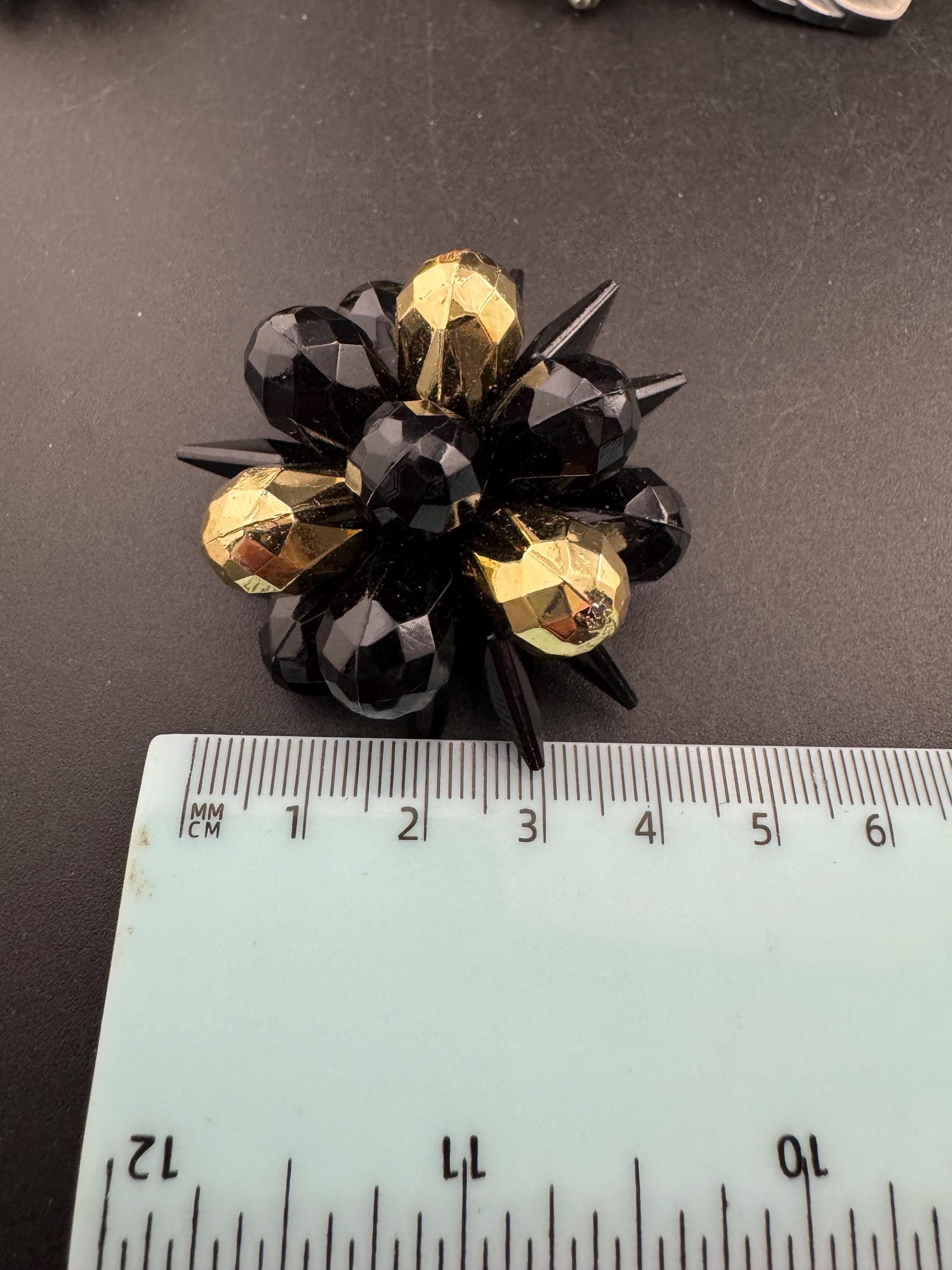 Oversized 4cm black gold plastic cluster beaded Clip On Earrings Vintage