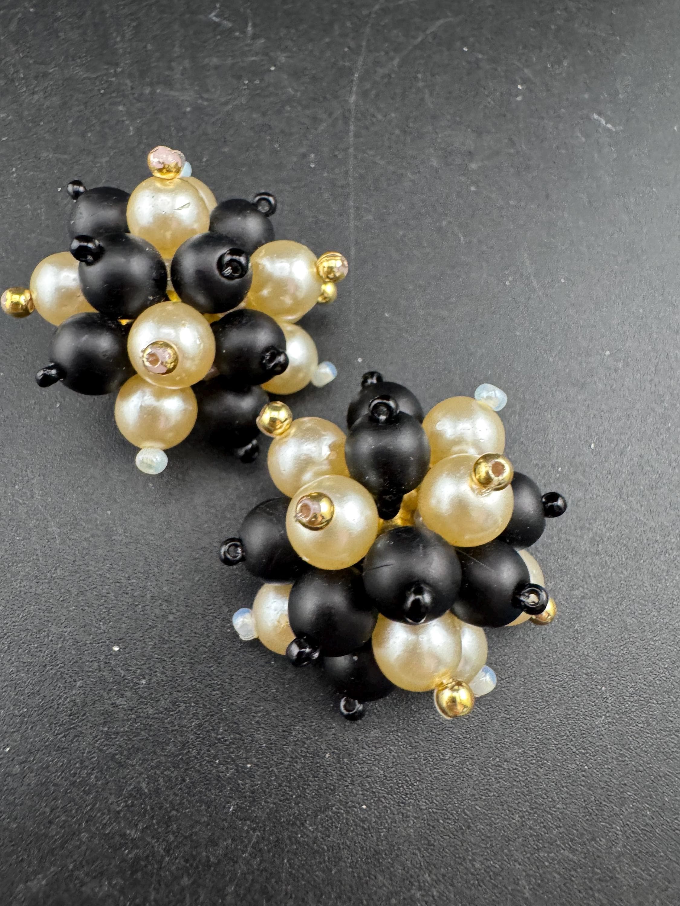Vintage black glass beaded cream pearl Cluster Clip On Earrings