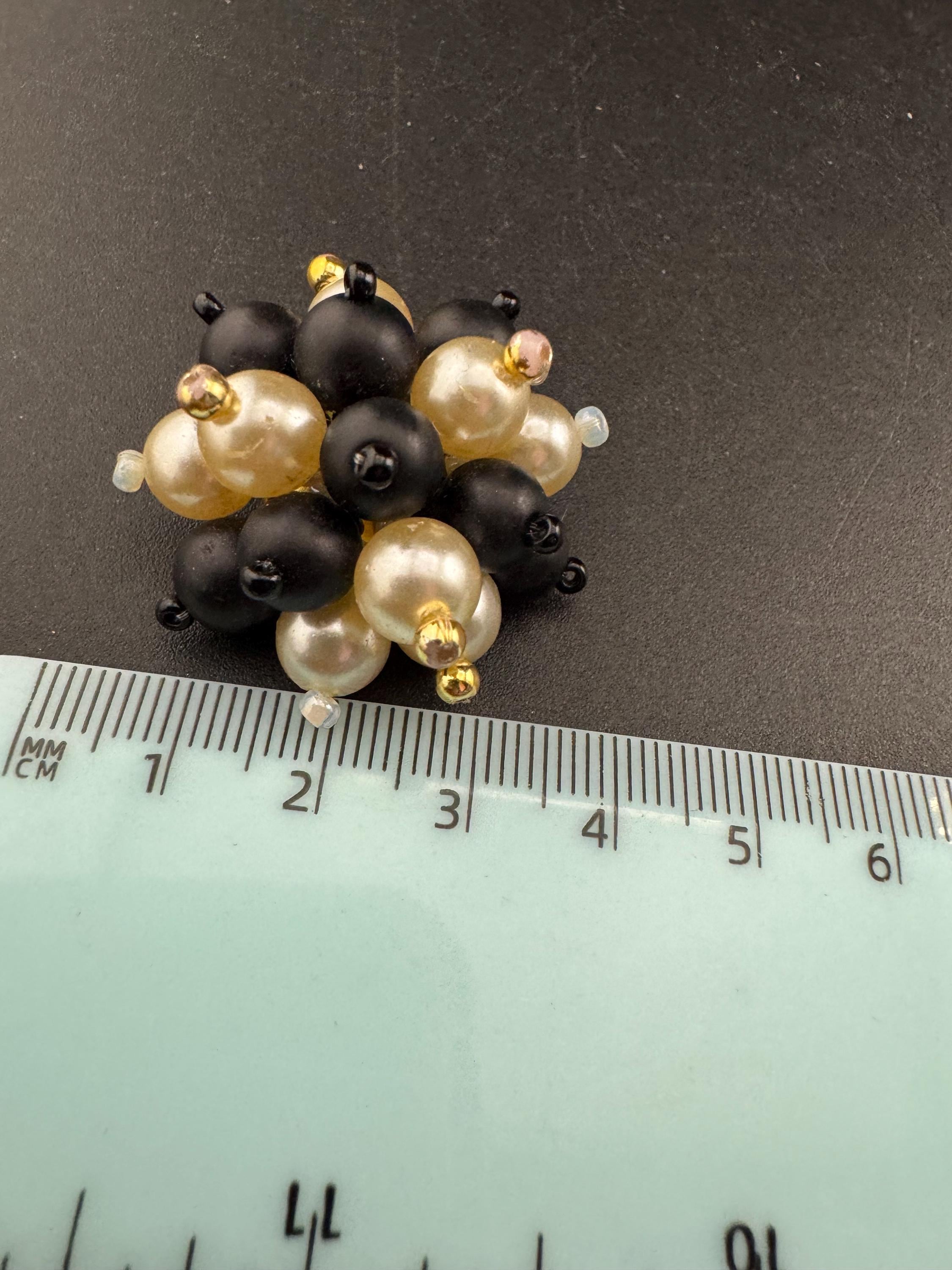 Vintage black glass beaded cream pearl Cluster Clip On Earrings