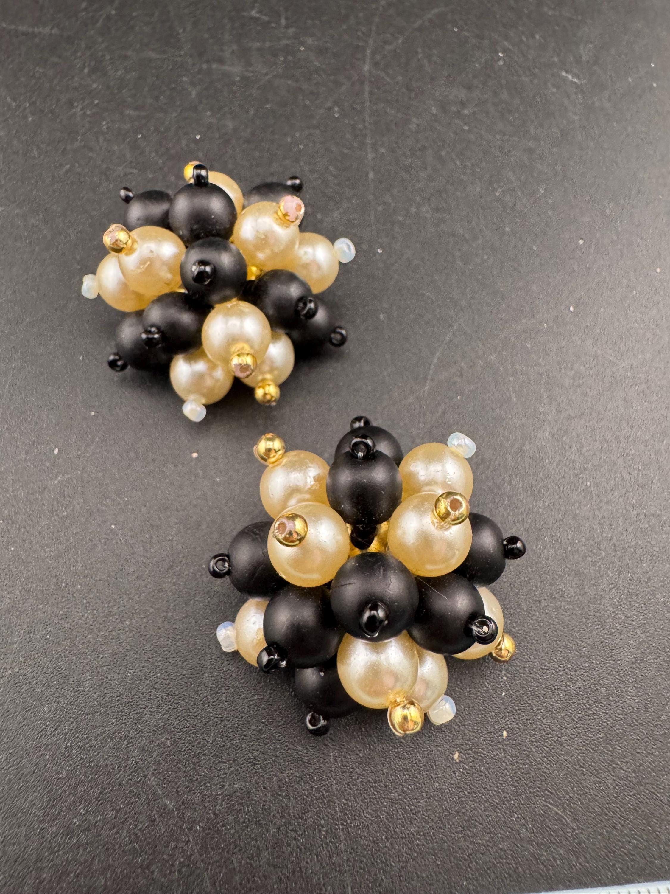 Vintage black glass beaded cream pearl Cluster Clip On Earrings