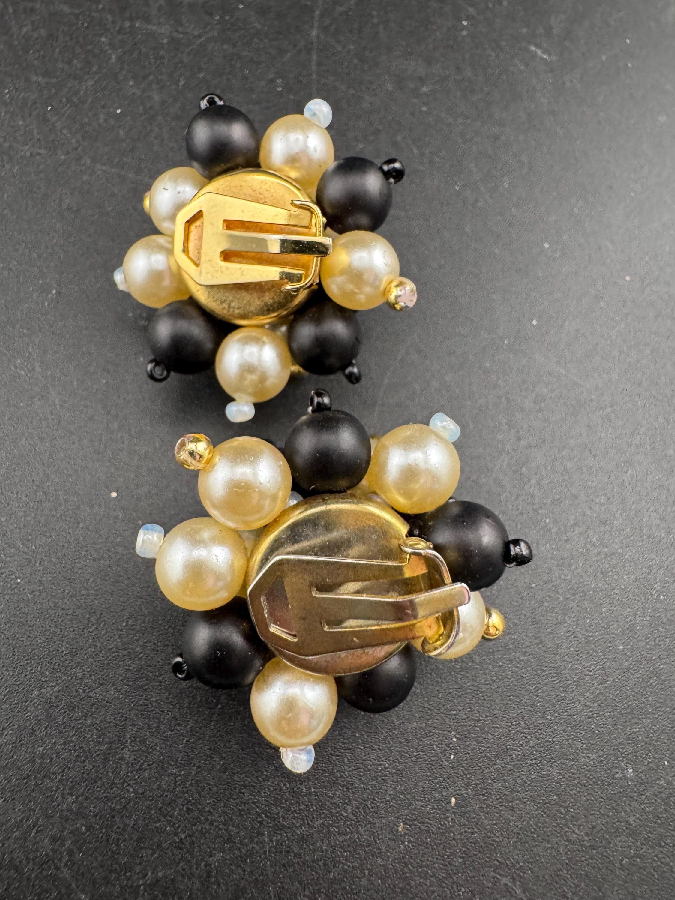 Vintage black glass beaded cream pearl Cluster Clip On Earrings
