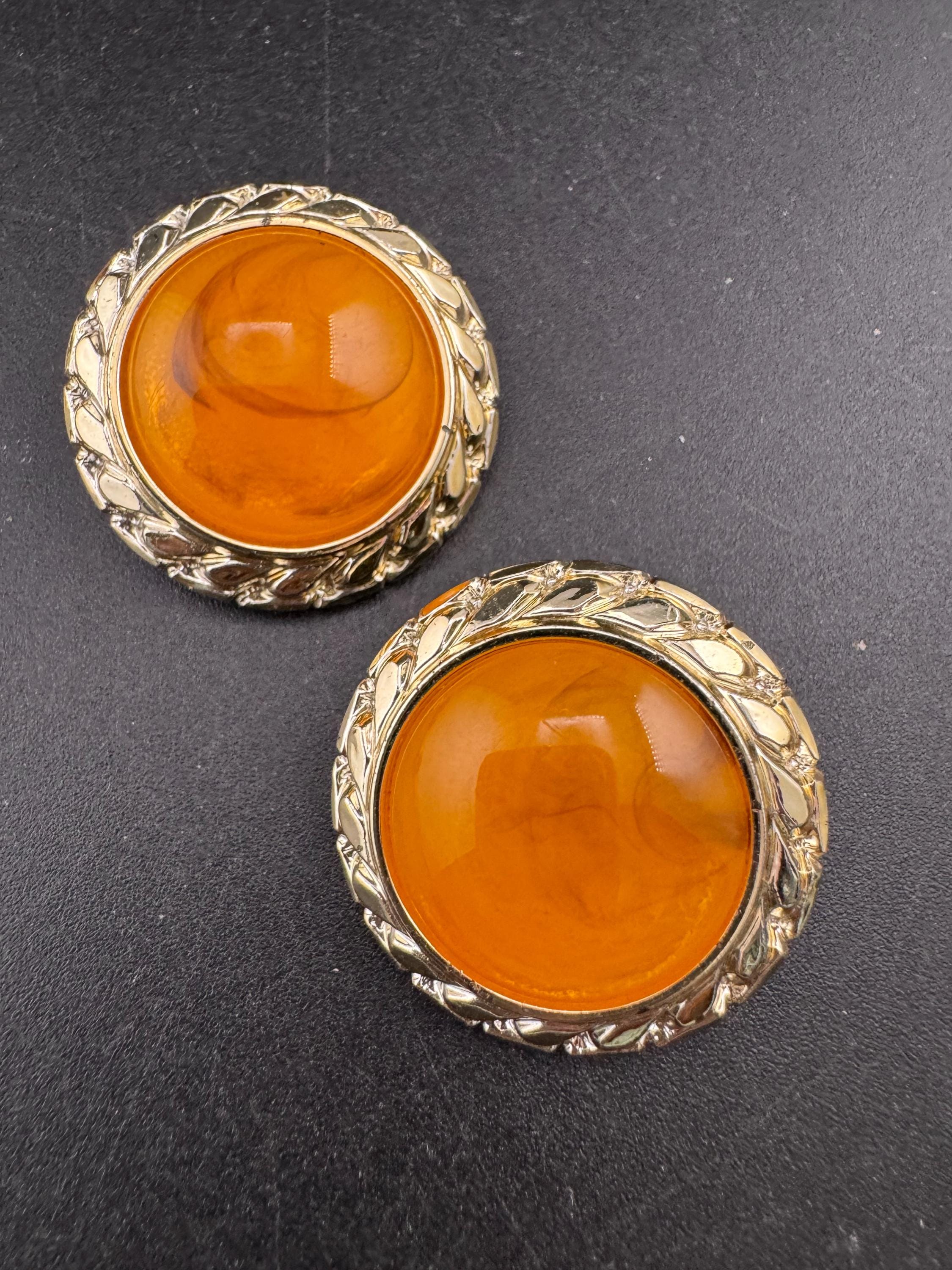 Oversized orange plastic 3cm cabochon large clip on earrings