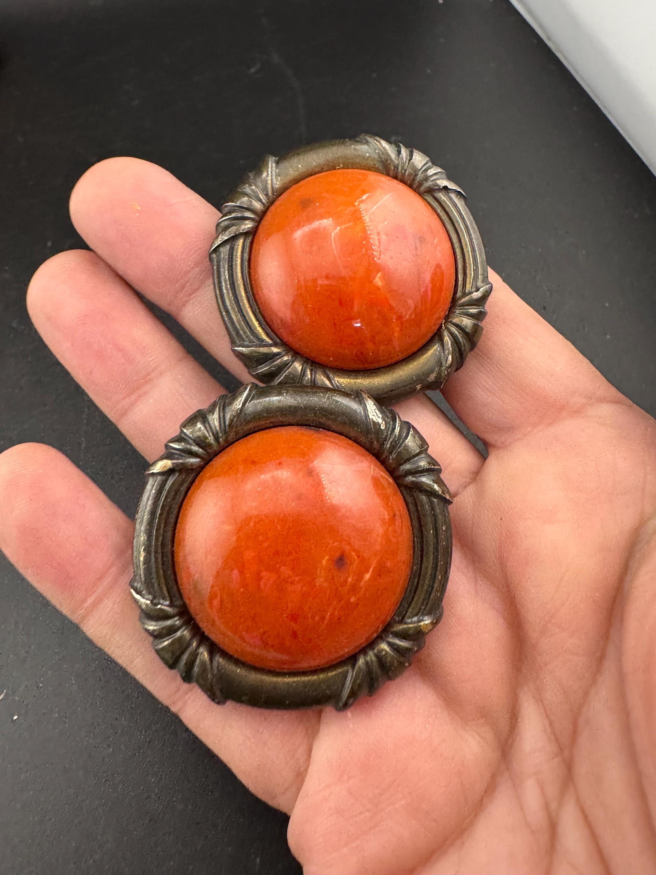 Oversized Vintage Clip On Earrings: Brown Orange Plastic, Bronze Tone