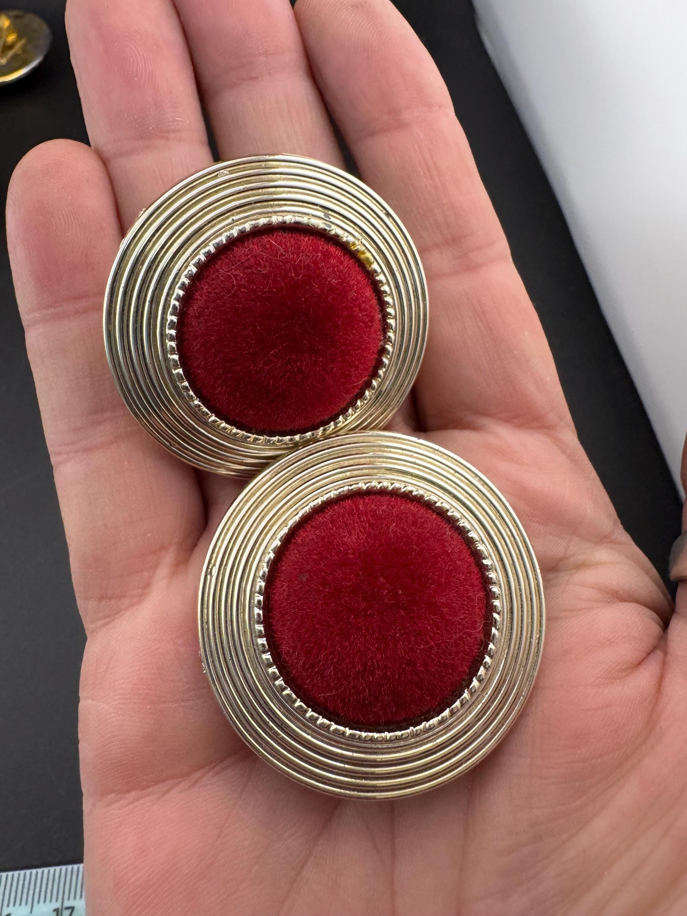 Vintage Maroon Red Velvet Clip On Earrings: gold Tone, 4cm