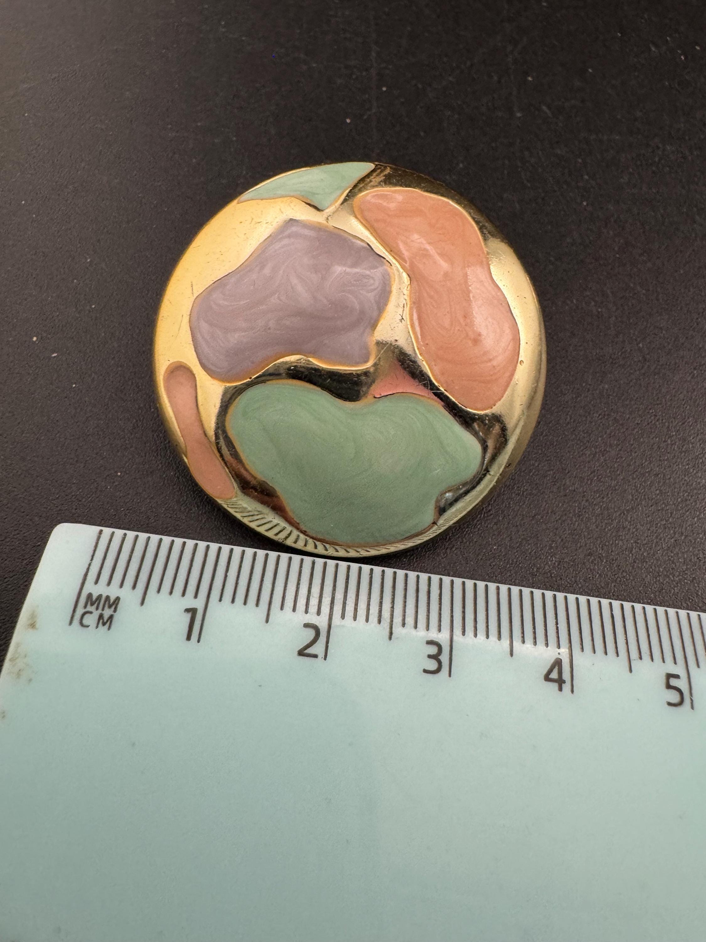 Vintage 3.5cm gold tone pastel round disc abstract clip on earrings