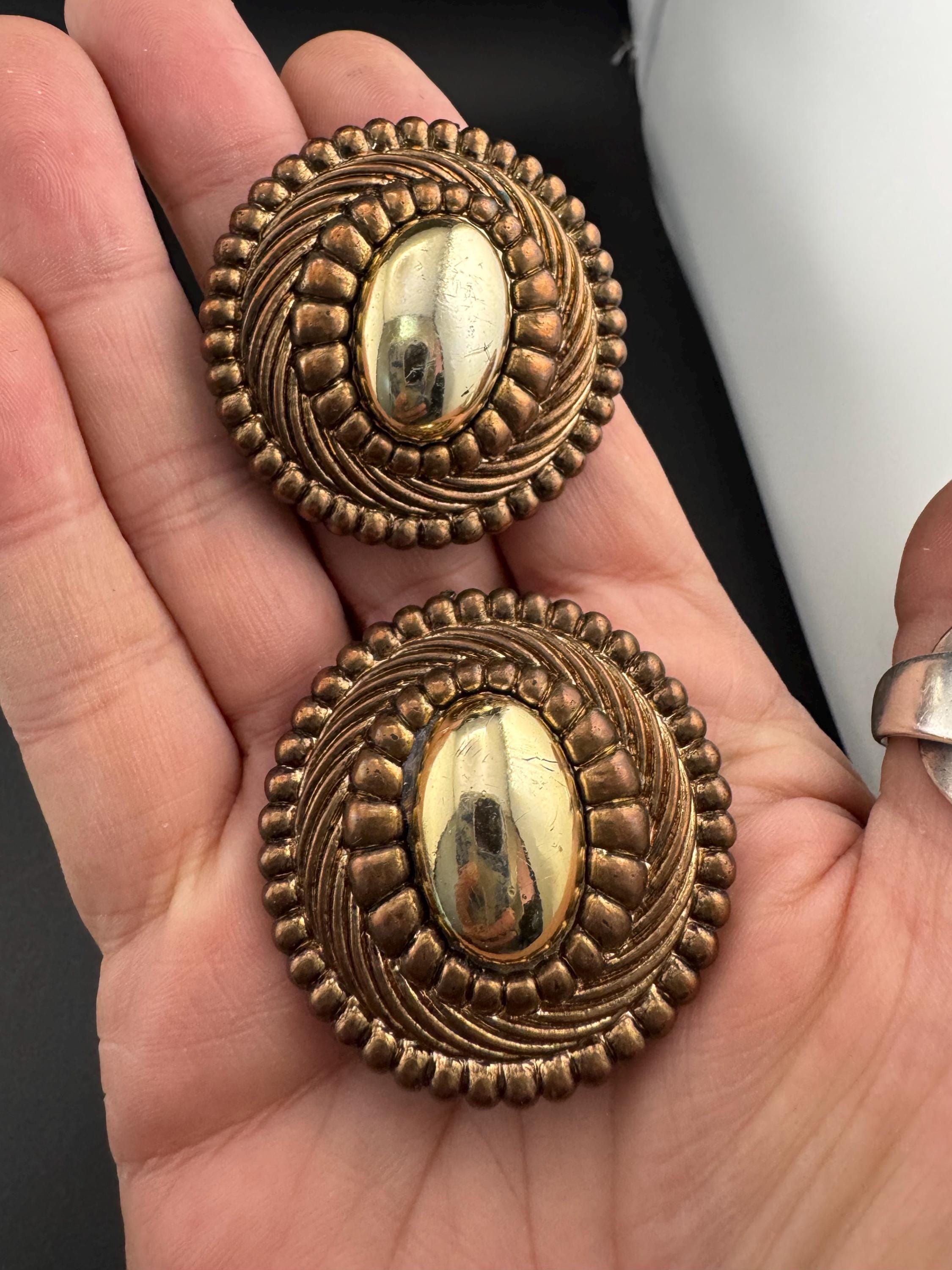 oversized round copper gold tone plastic and metal clip on earrings